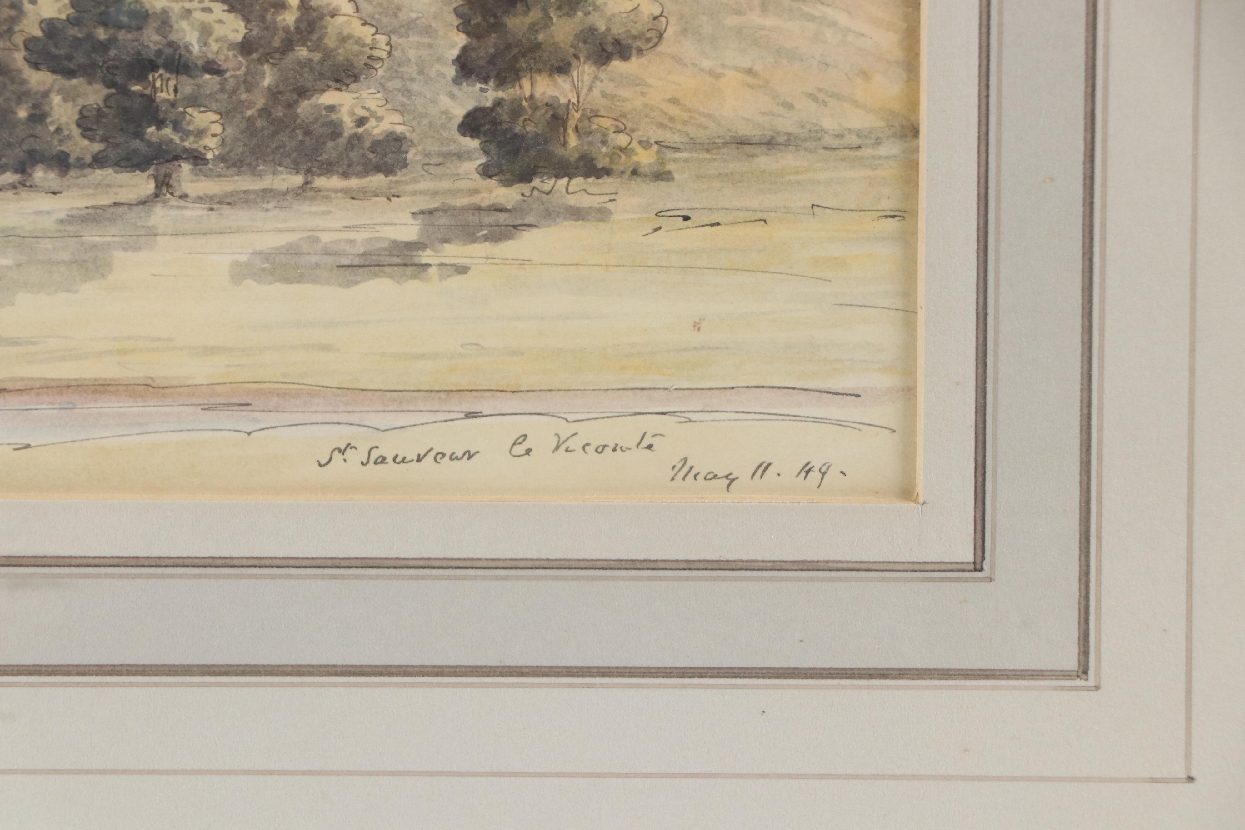 Ink and Watercolor Painting of French Commune "St. Sauveur le Vicomte," 1849