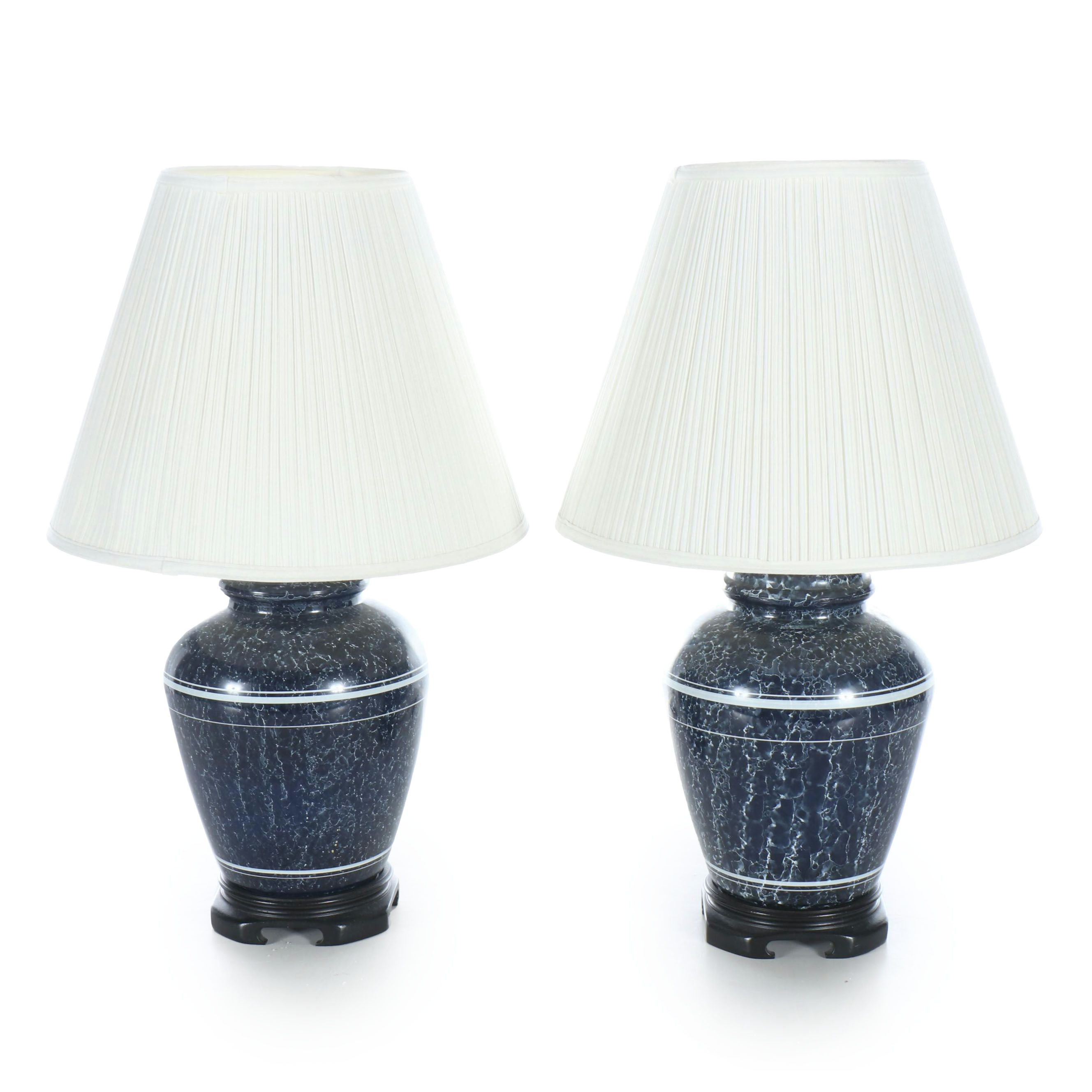 Blue and White Urn Ceramic Table Lamps on Wood Base with Pleated Fabric Shades