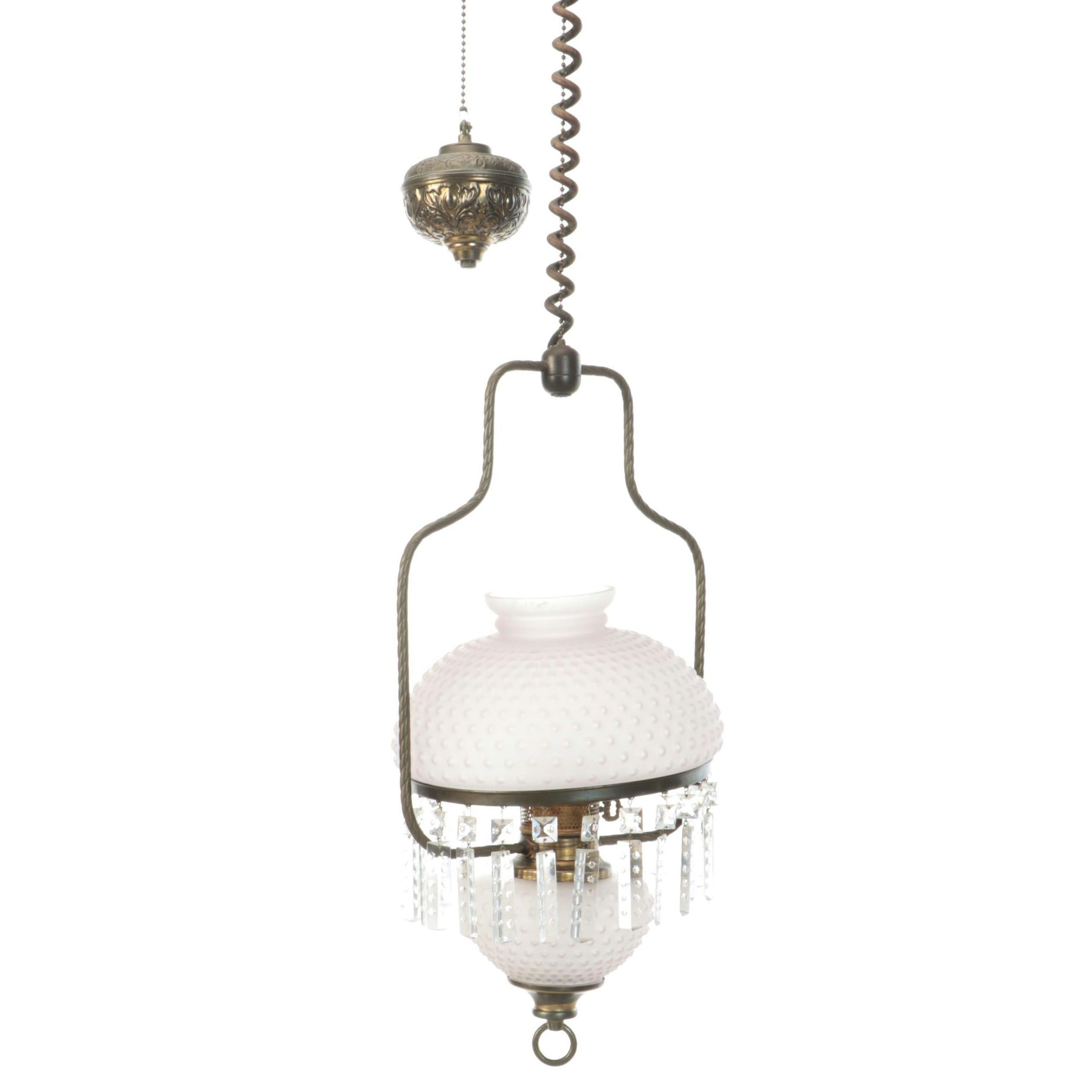 Victorian Hallway Oil Pendant Light, Hobnail Glass Shade & Counterweight Pulley