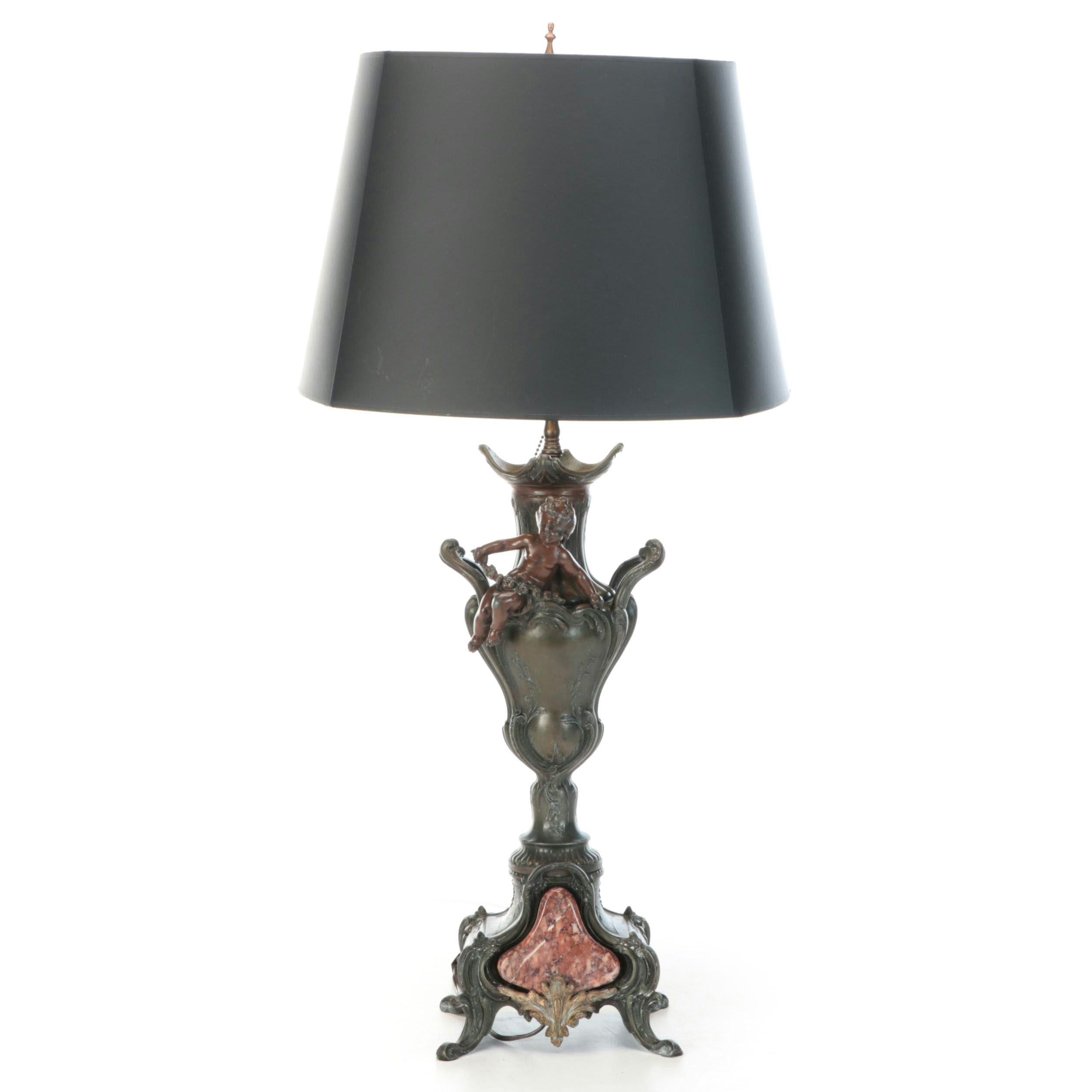 Rococo Style Bronze Table Lamp with Marble and Brass Accents with Black Shade