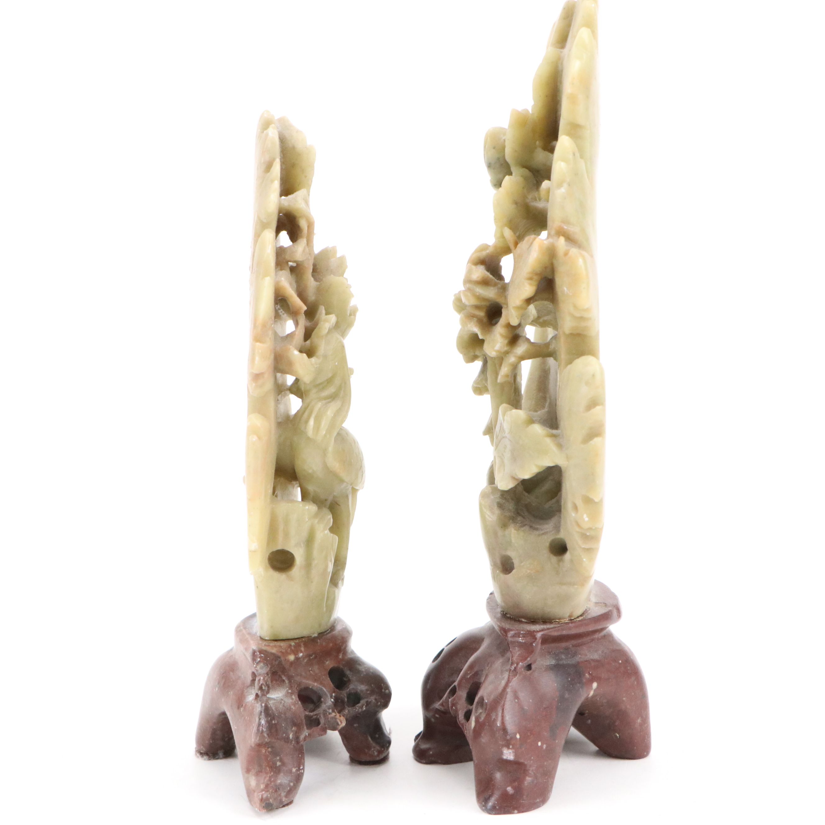 Chinese Carved Soapstone Figurines, and Serpentine Slab with Horn Animals