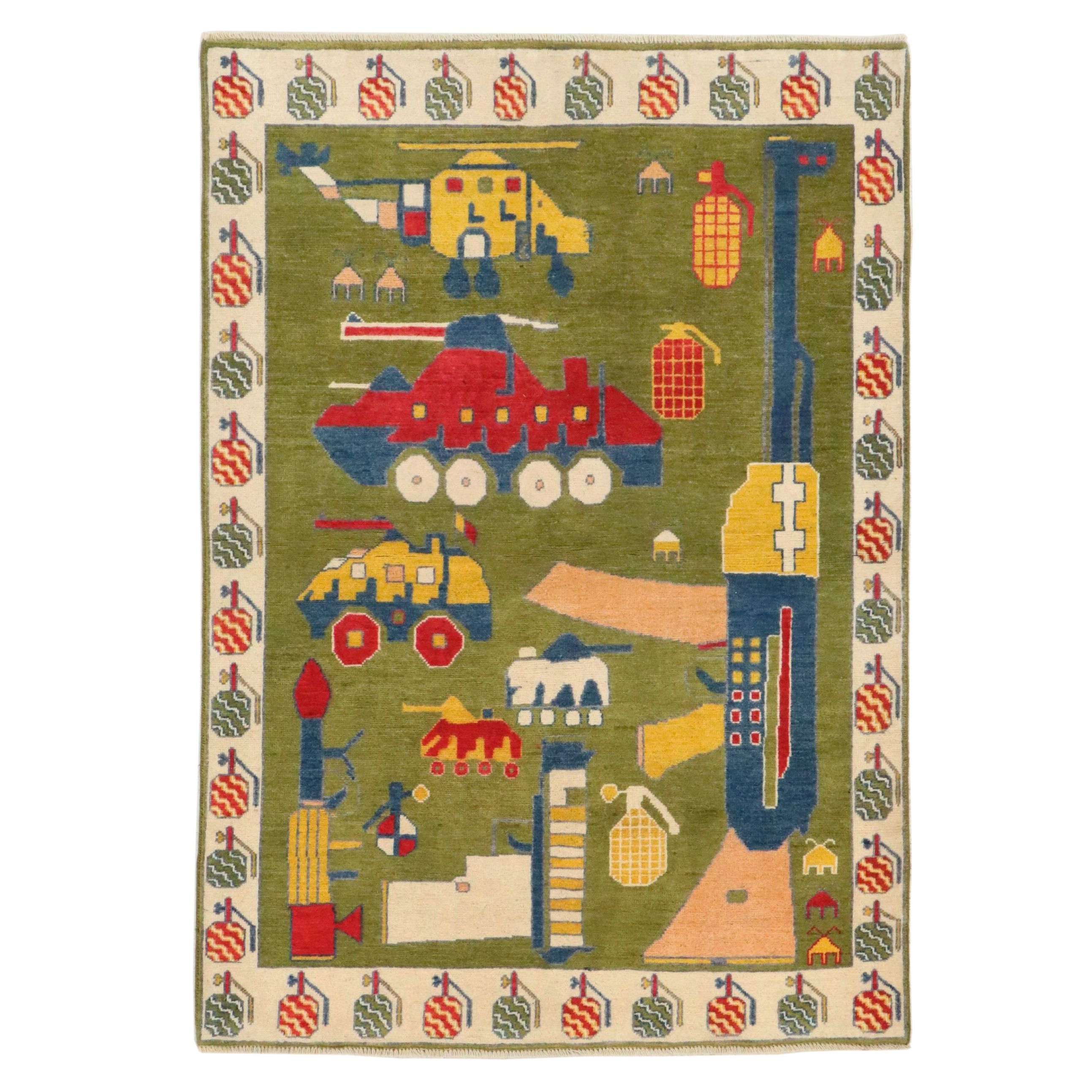 4'2 x 5'11 Hand-Knotted Afghan Pictorial War Area Rug