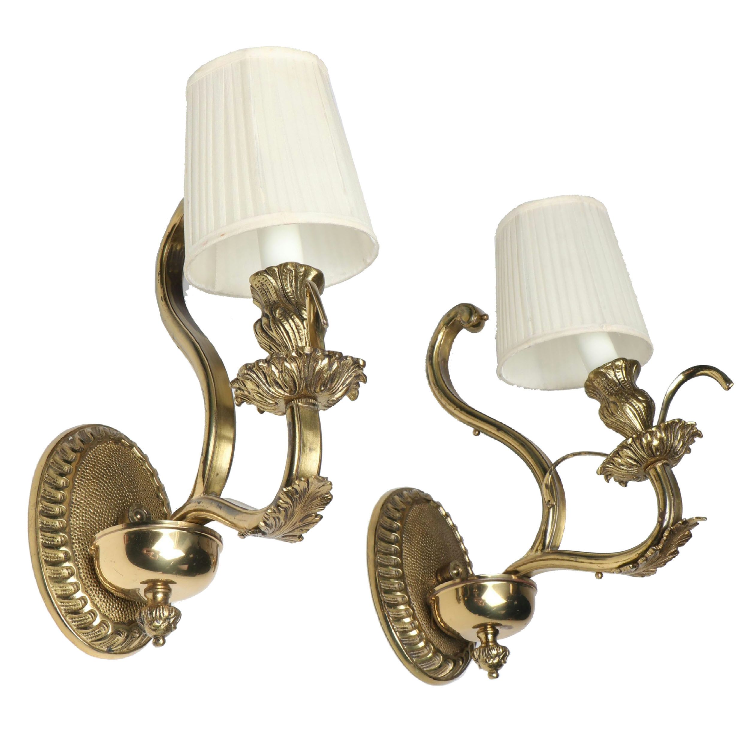 Pair of Empire Style Brass Single-Arm Wall Sconces with Clip-On Ruffled Shades