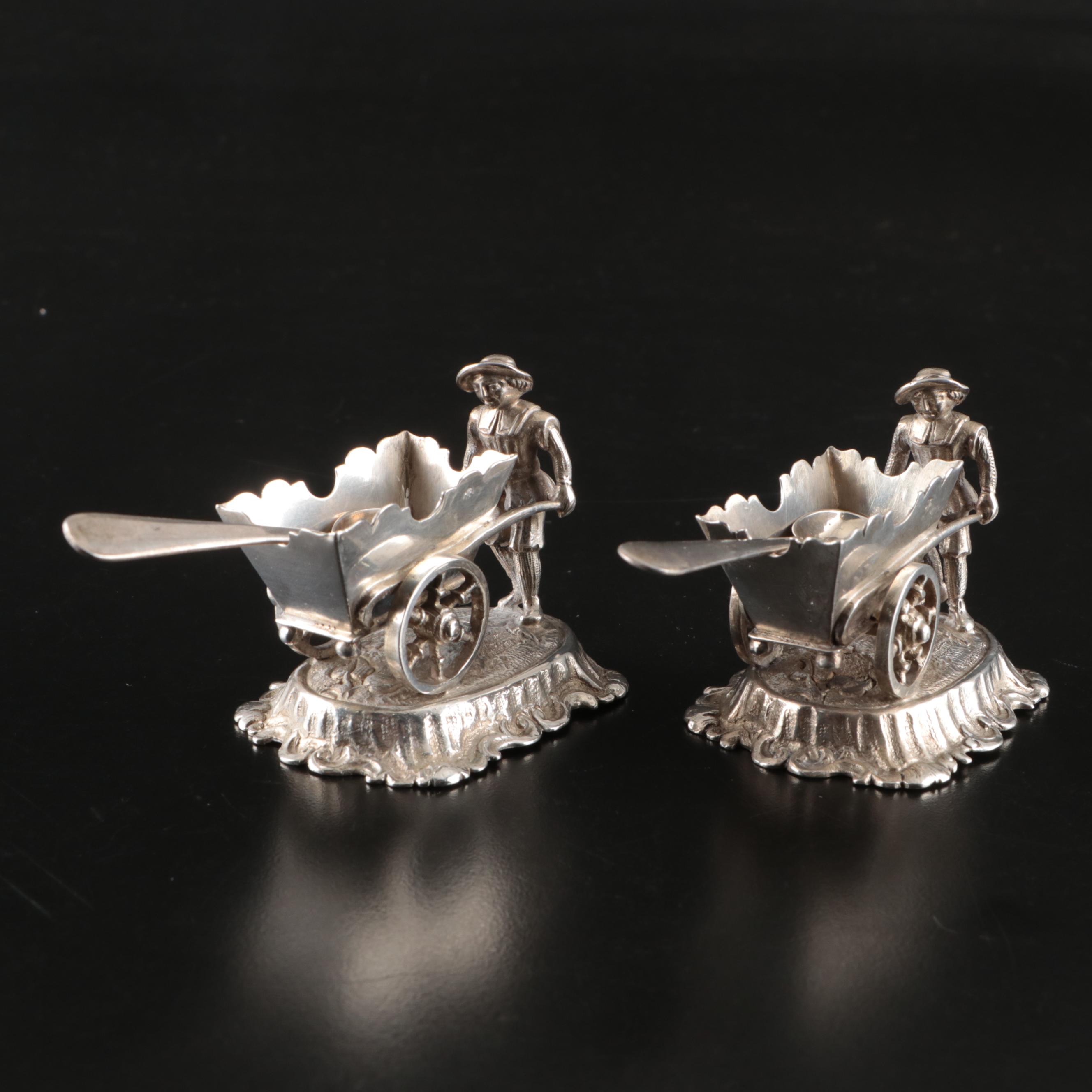 German Hanau Silver Salt Cellars with Sterling Spoons, Late 19th/ Early 20th Ce.