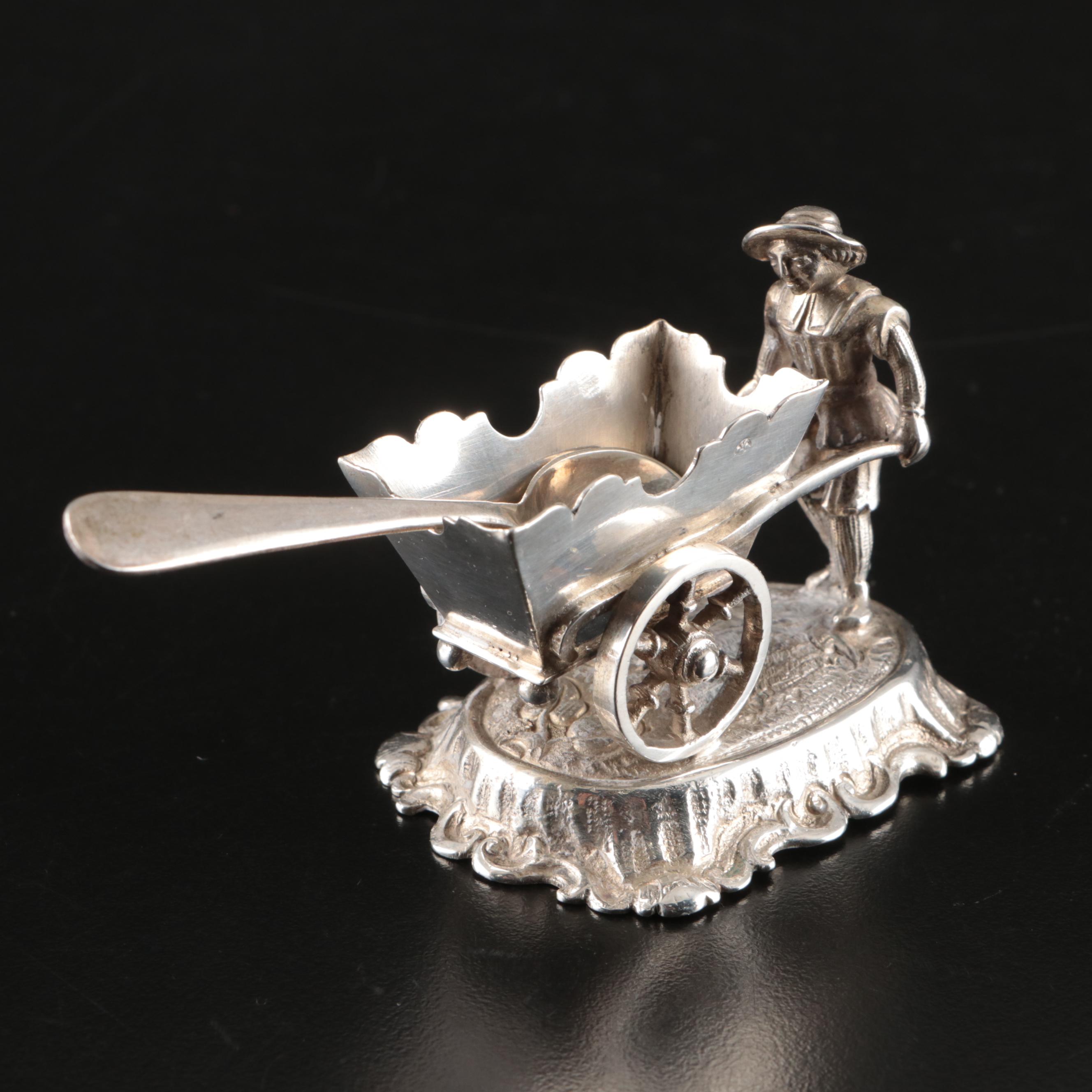 German Hanau Silver Salt Cellars with Sterling Spoons, Late 19th/ Early 20th Ce.