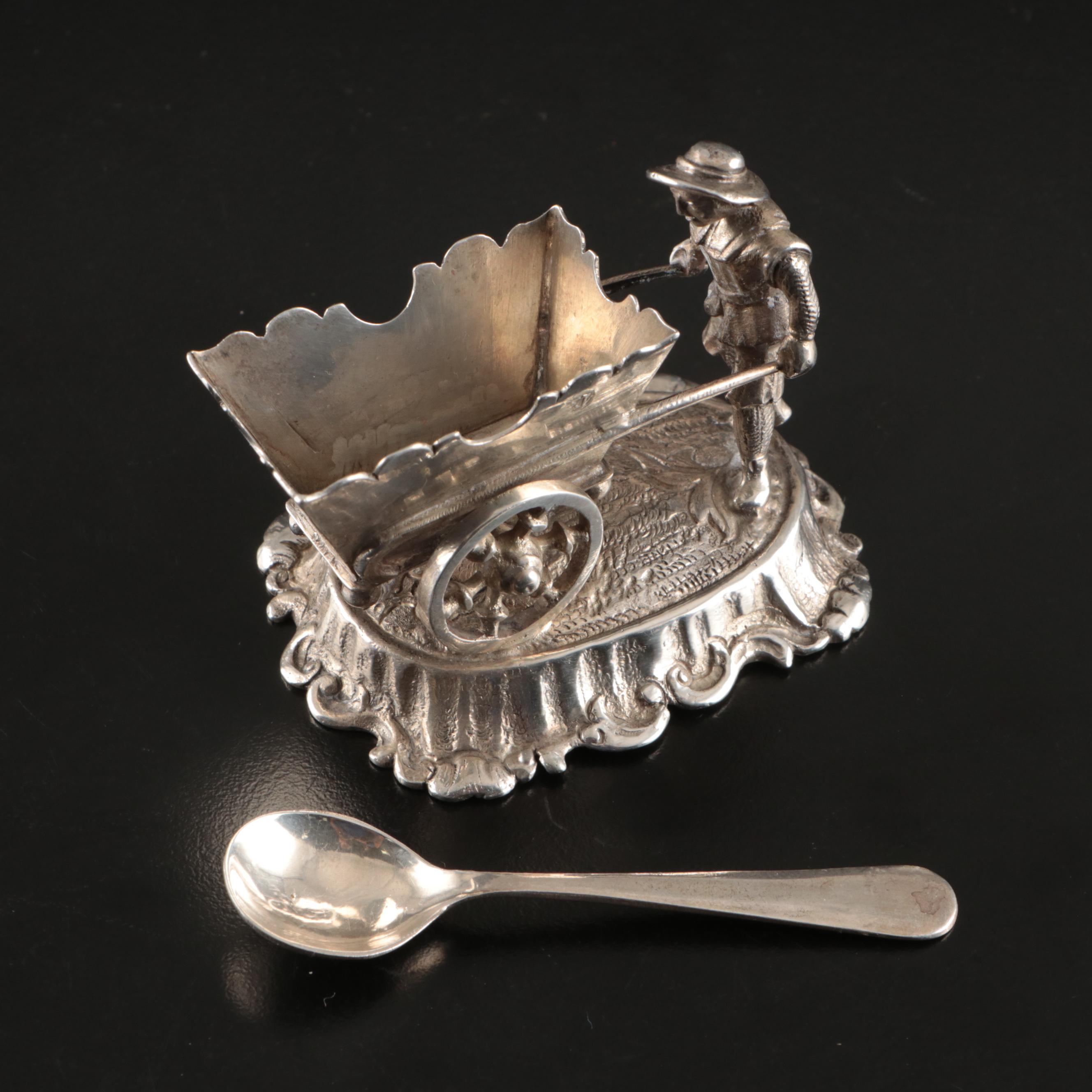 German Hanau Silver Salt Cellars with Sterling Spoons, Late 19th/ Early 20th Ce.