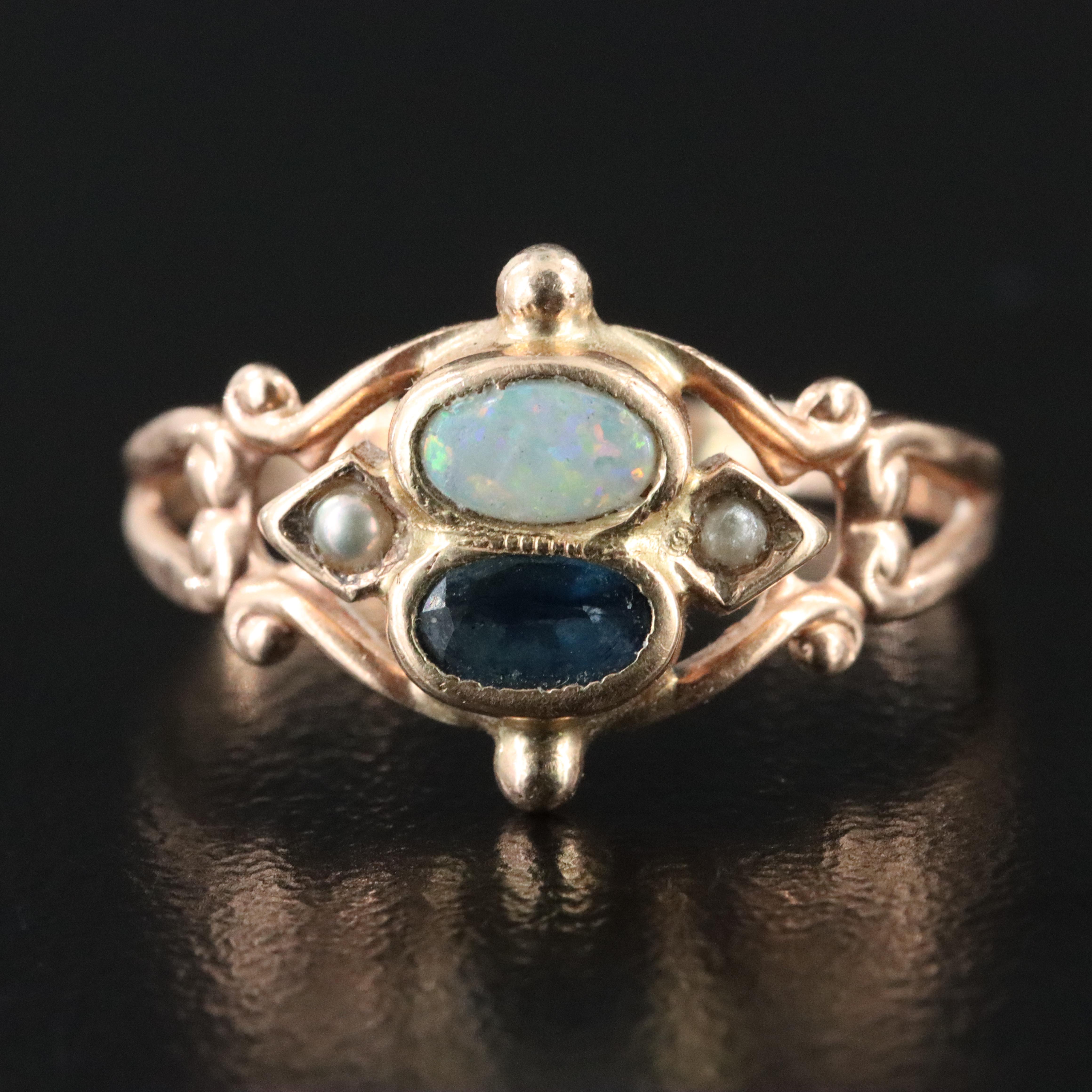 10K Opal, Sapphire, Seed and Faux Pearl Ring