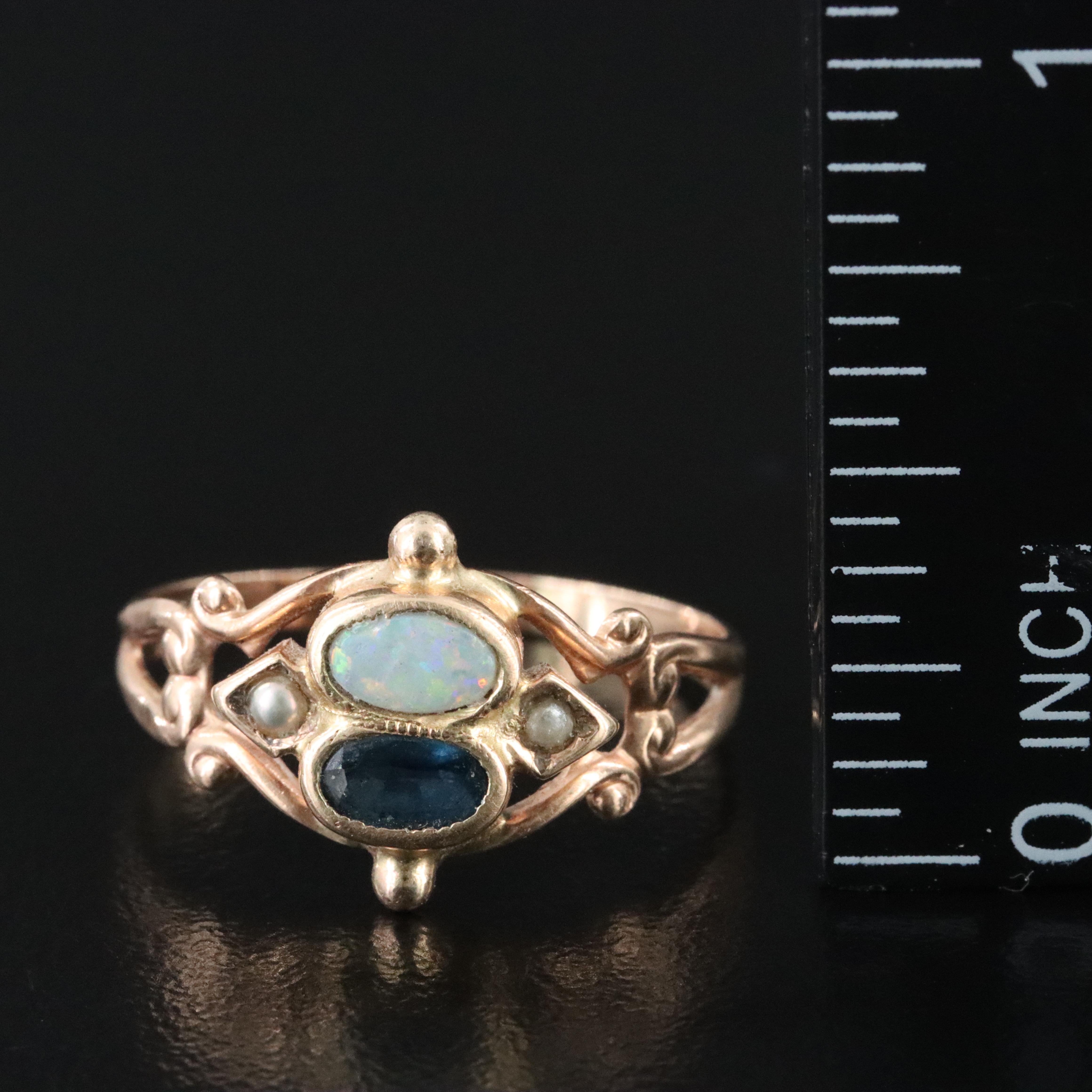 10K Opal, Sapphire, Seed and Faux Pearl Ring