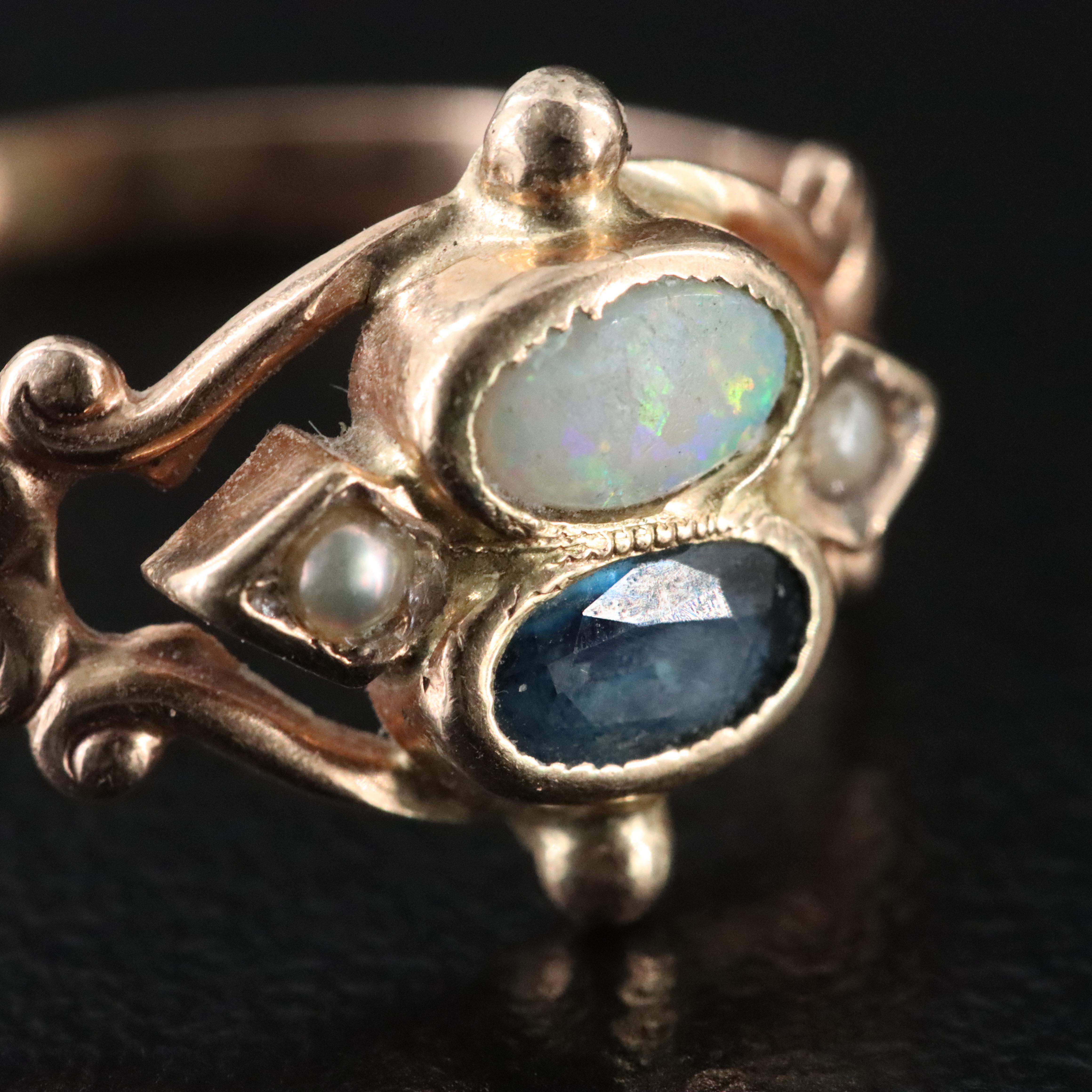 10K Opal, Sapphire, Seed and Faux Pearl Ring