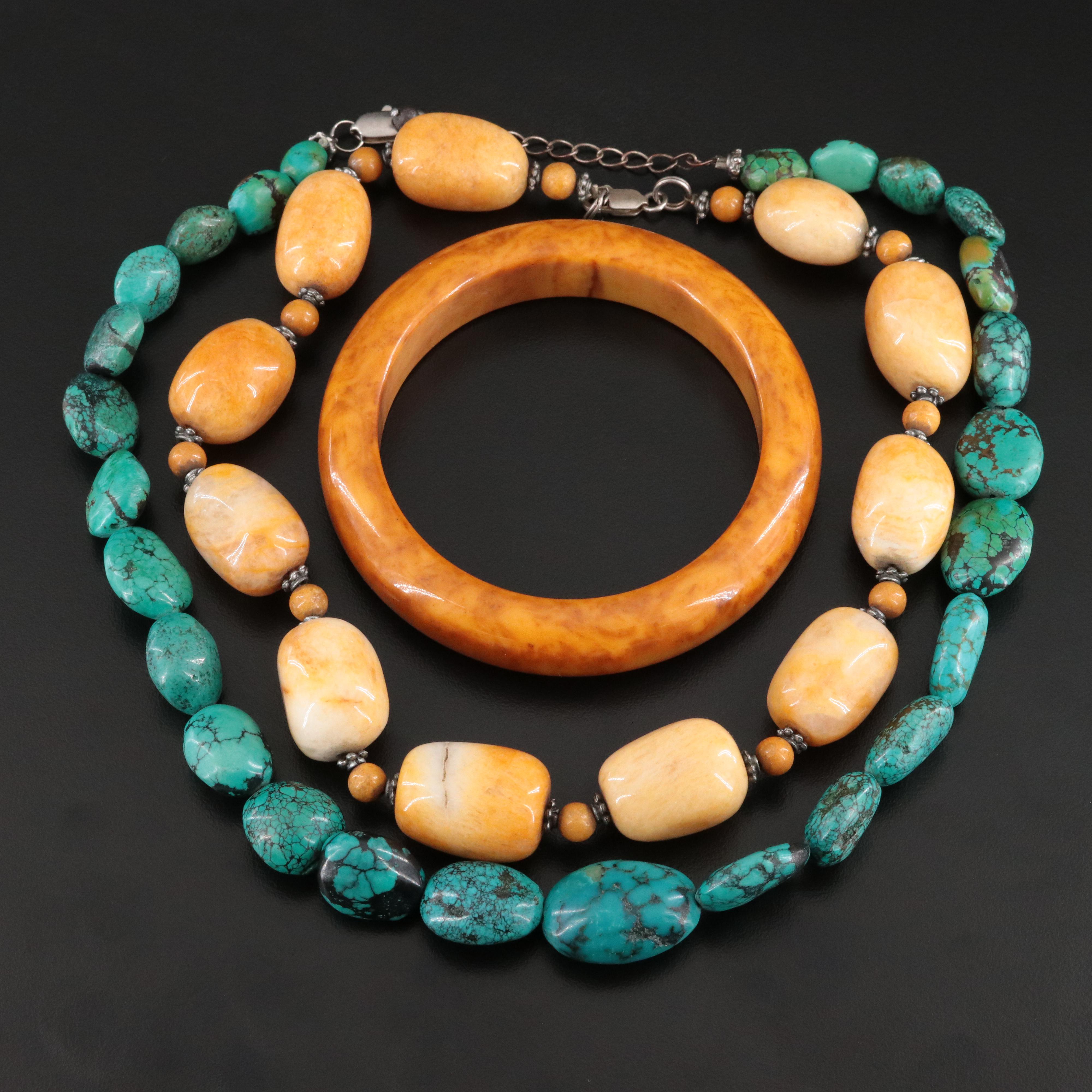 Agate and Turquoise Necklaces with Bakelite Bangle