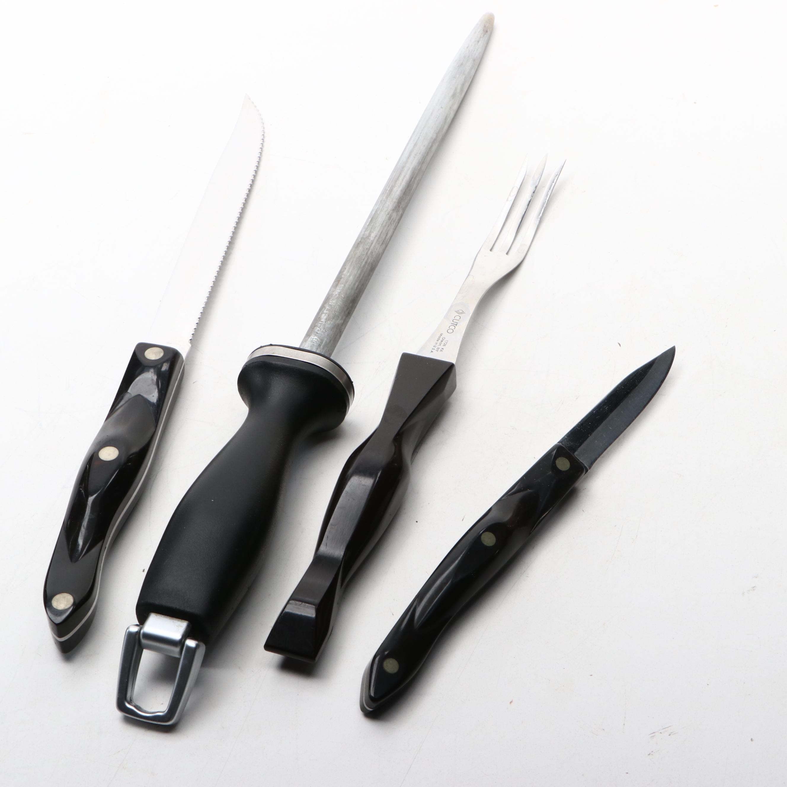 Cutco Knife Block, Knives, Sharpener, and Carving Fork