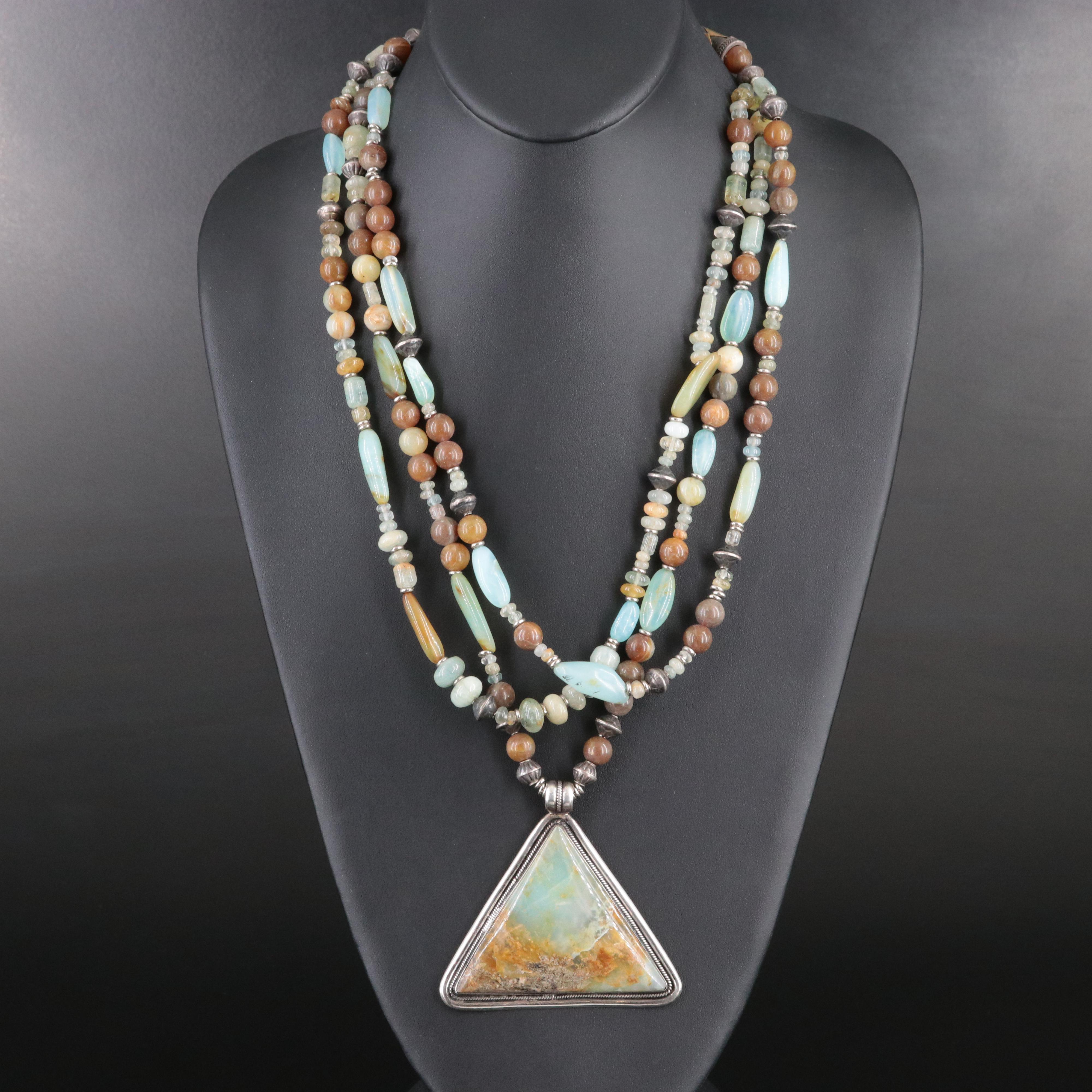 Sterling Triangular Necklace Featuring Agate, Jasper, and Quartz