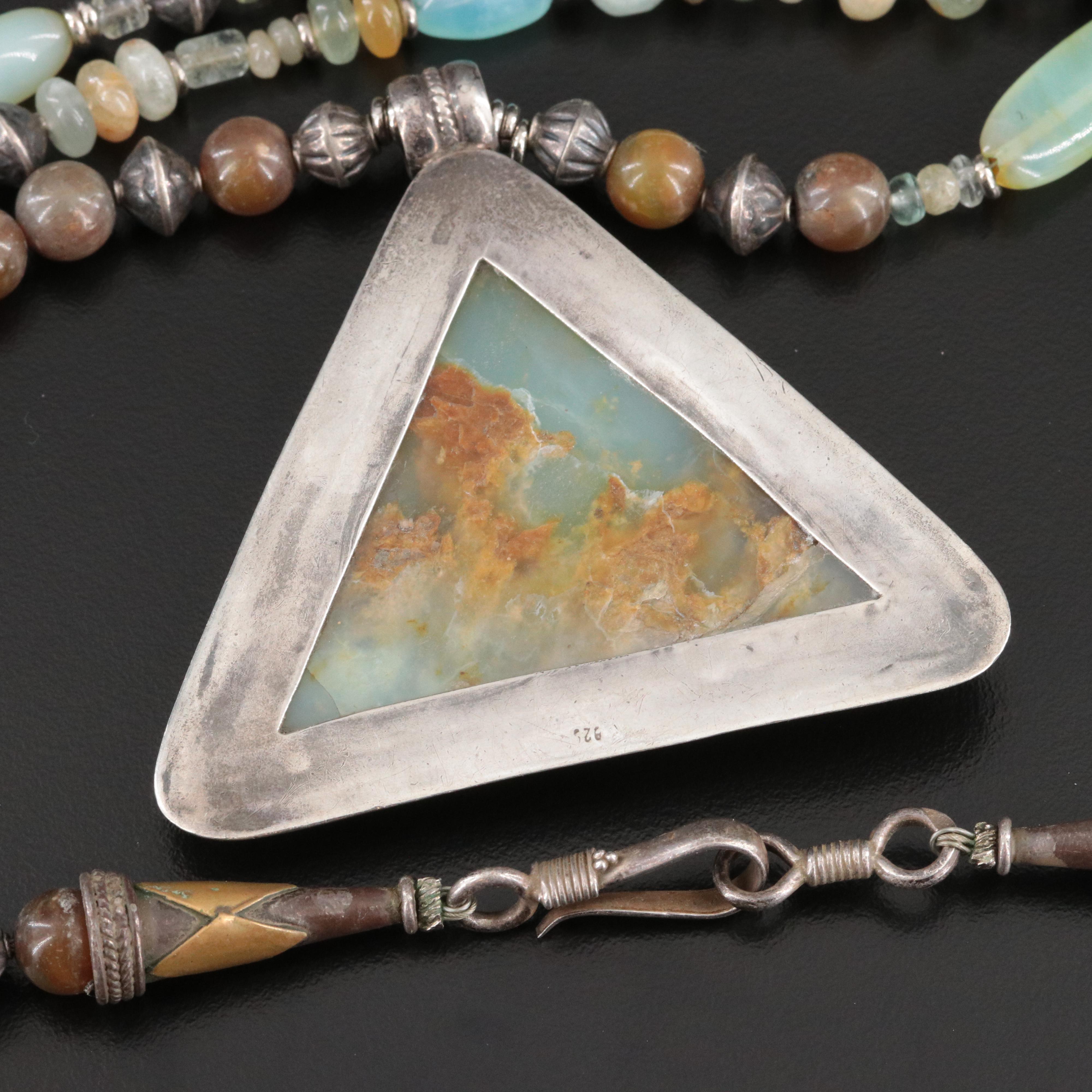 Sterling Triangular Necklace Featuring Agate, Jasper, and Quartz