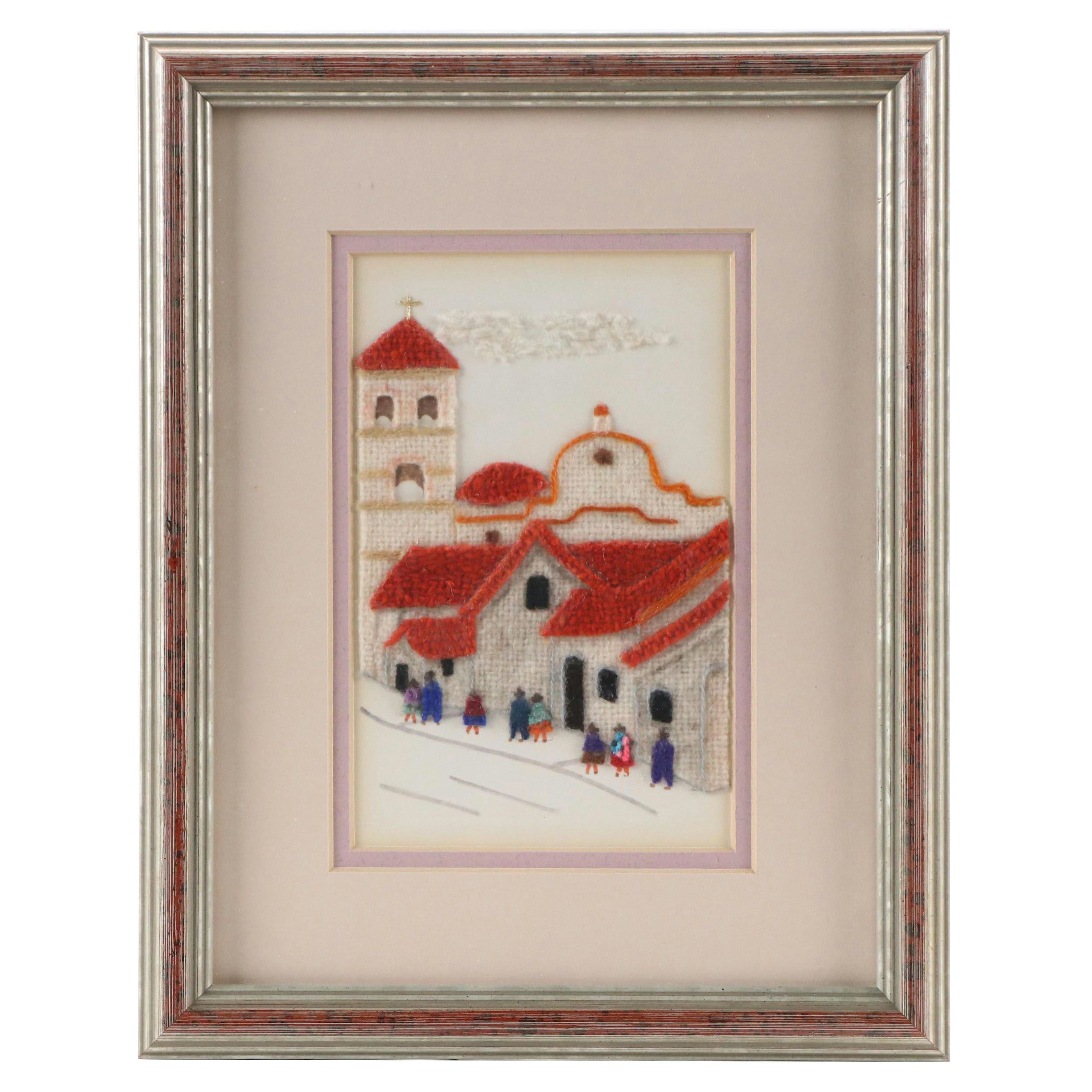 Peruvian Theme Feltwork and Embroidery Panel of Village with Church