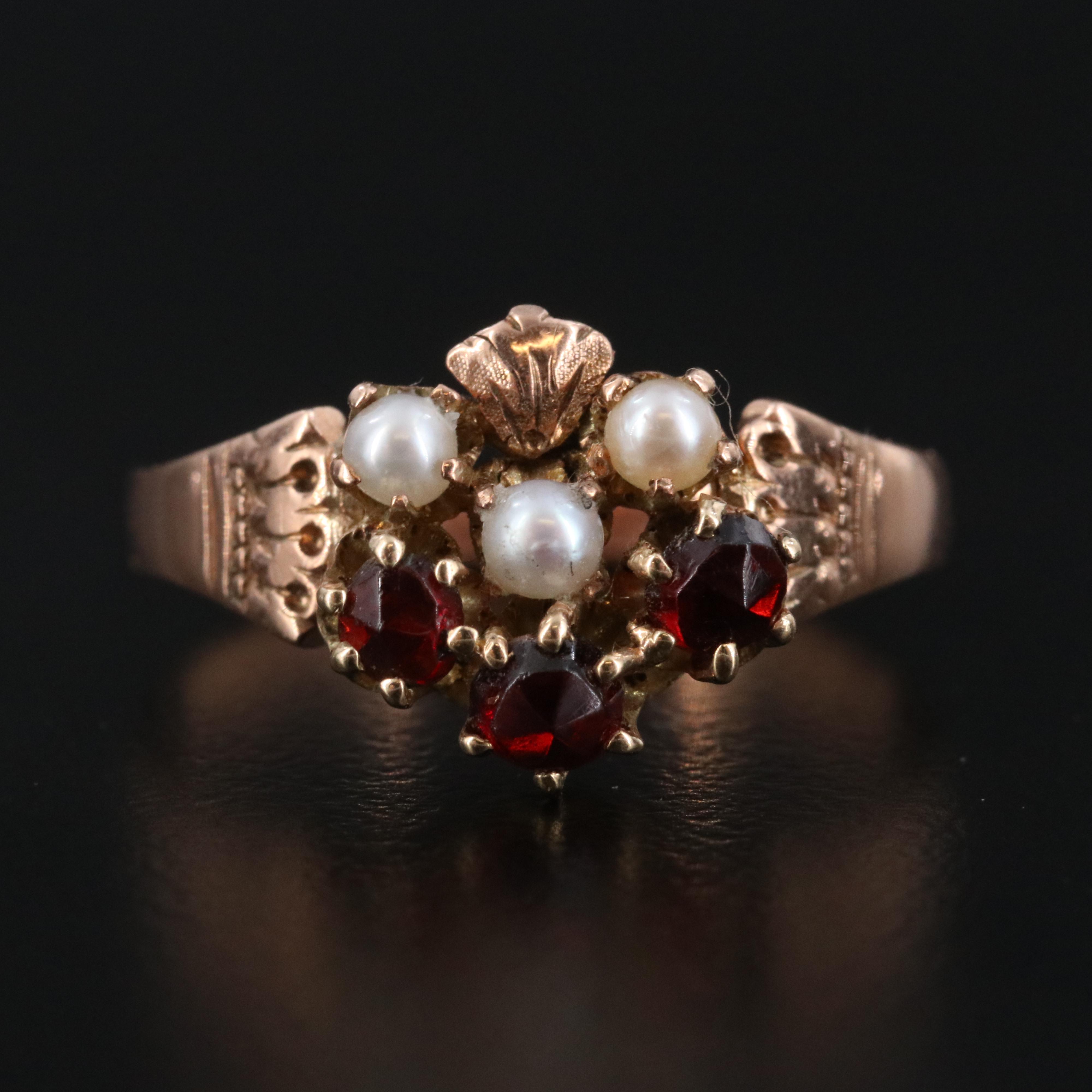 Victorian 10K Rose Gold Garnet and Pearl Heart Ring