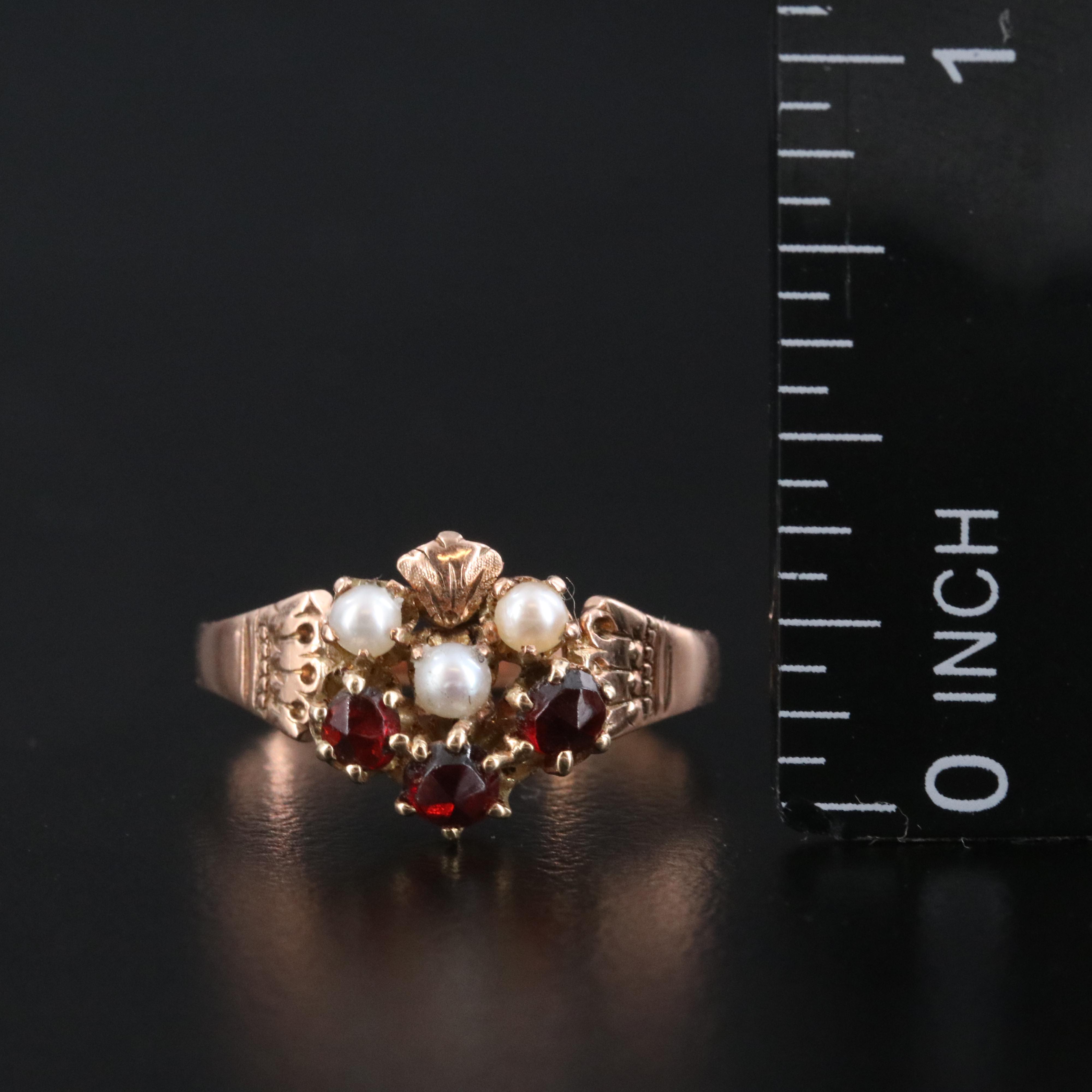 Victorian 10K Rose Gold Garnet and Pearl Heart Ring