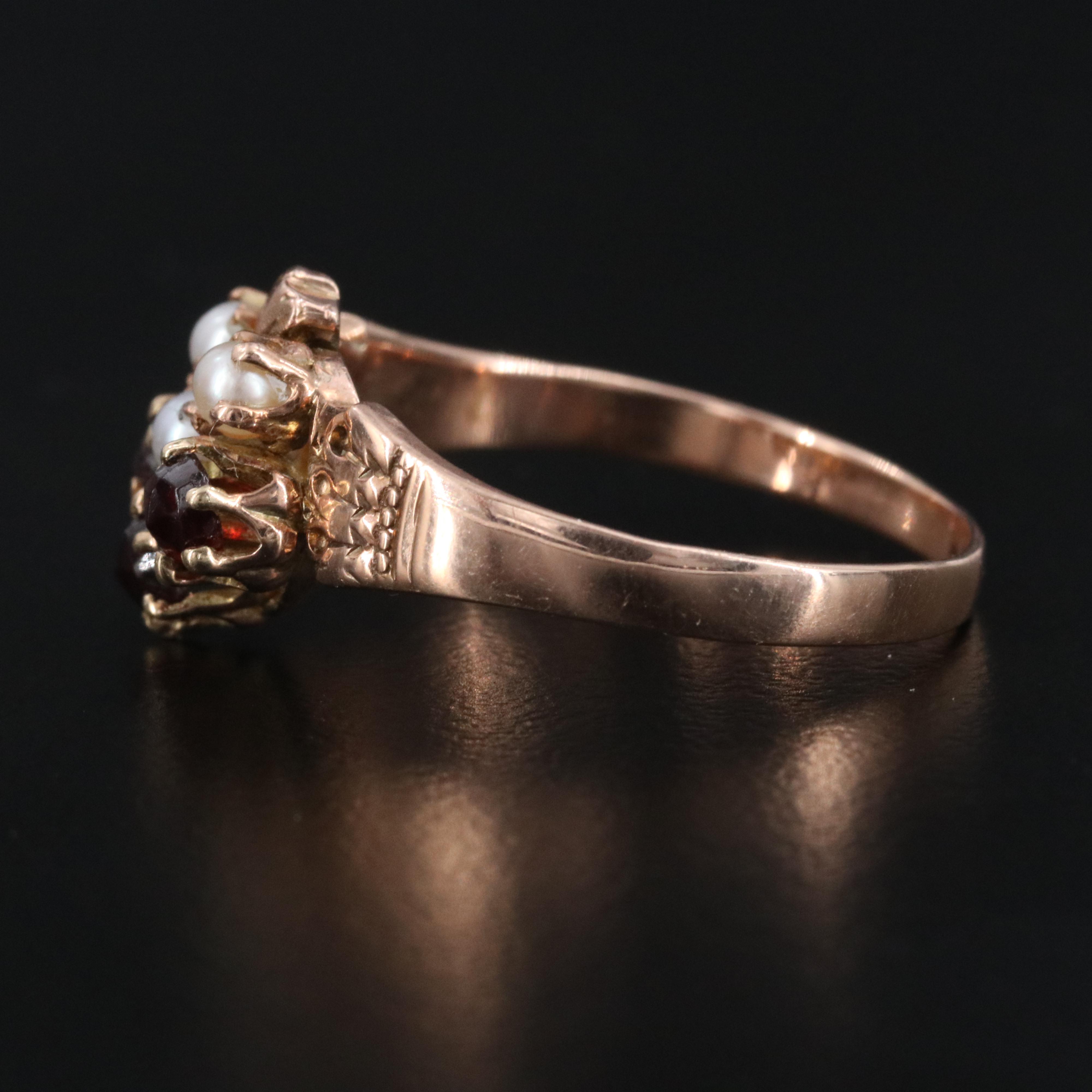 Victorian 10K Rose Gold Garnet and Pearl Heart Ring