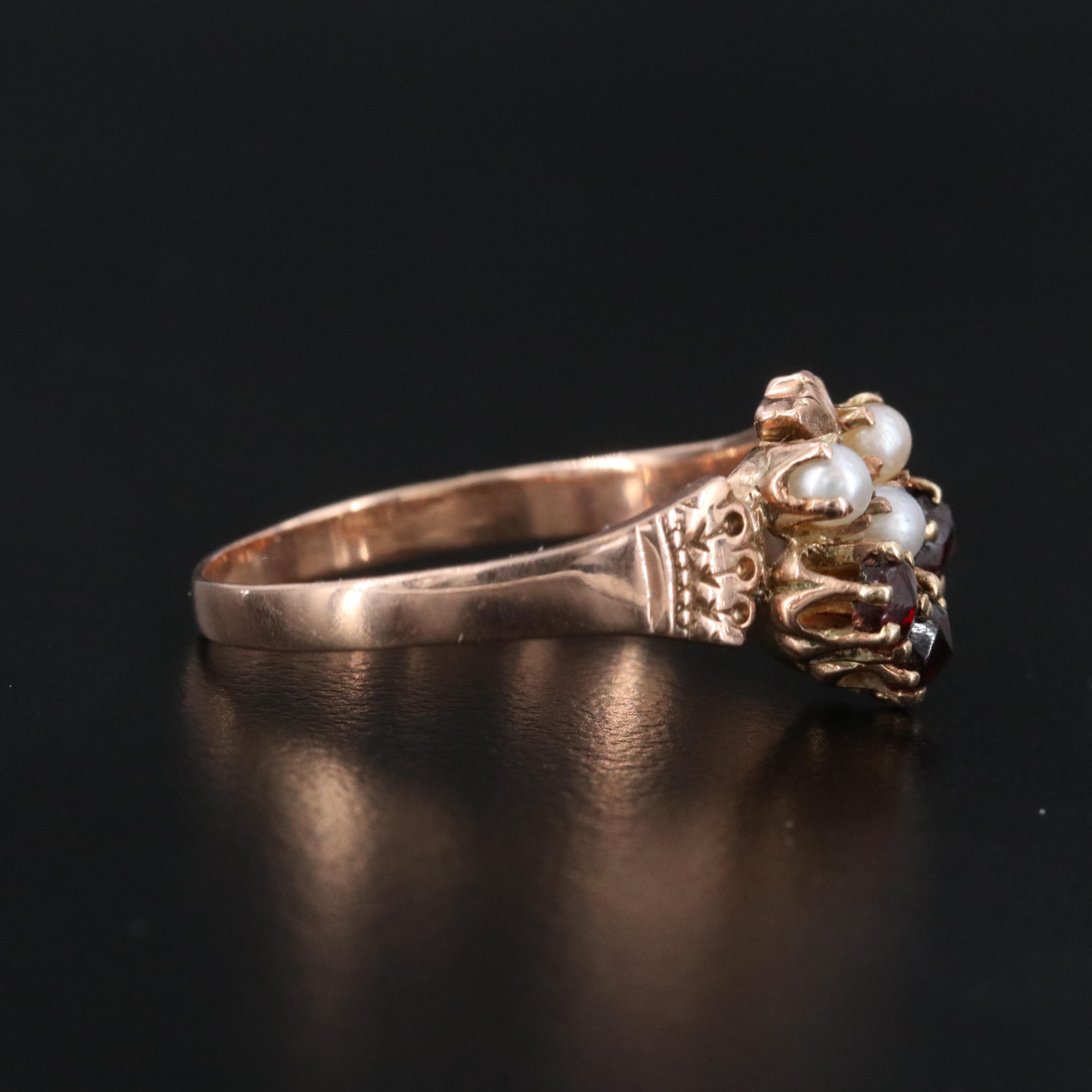 Victorian 10K Rose Gold Garnet and Pearl Heart Ring
