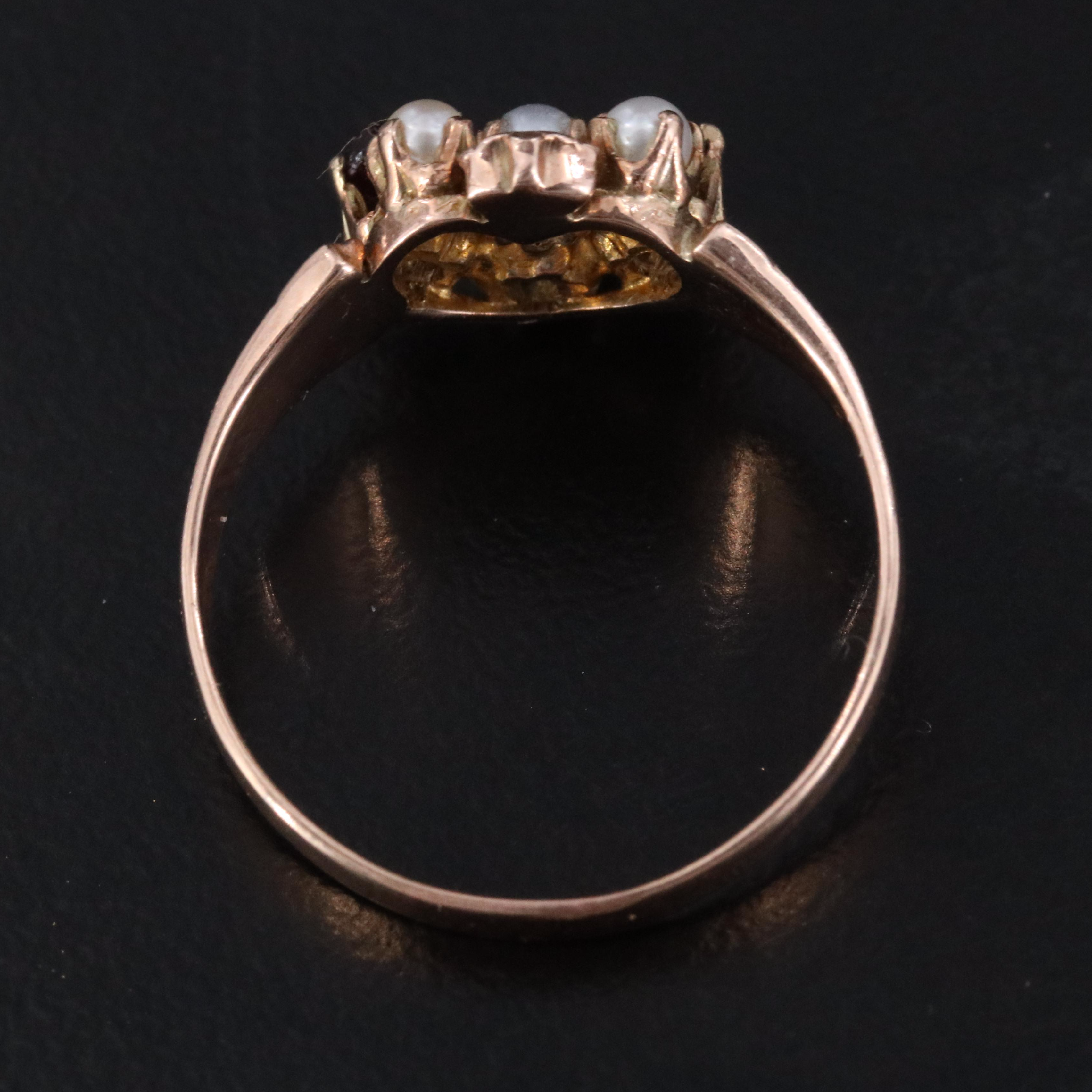 Victorian 10K Rose Gold Garnet and Pearl Heart Ring