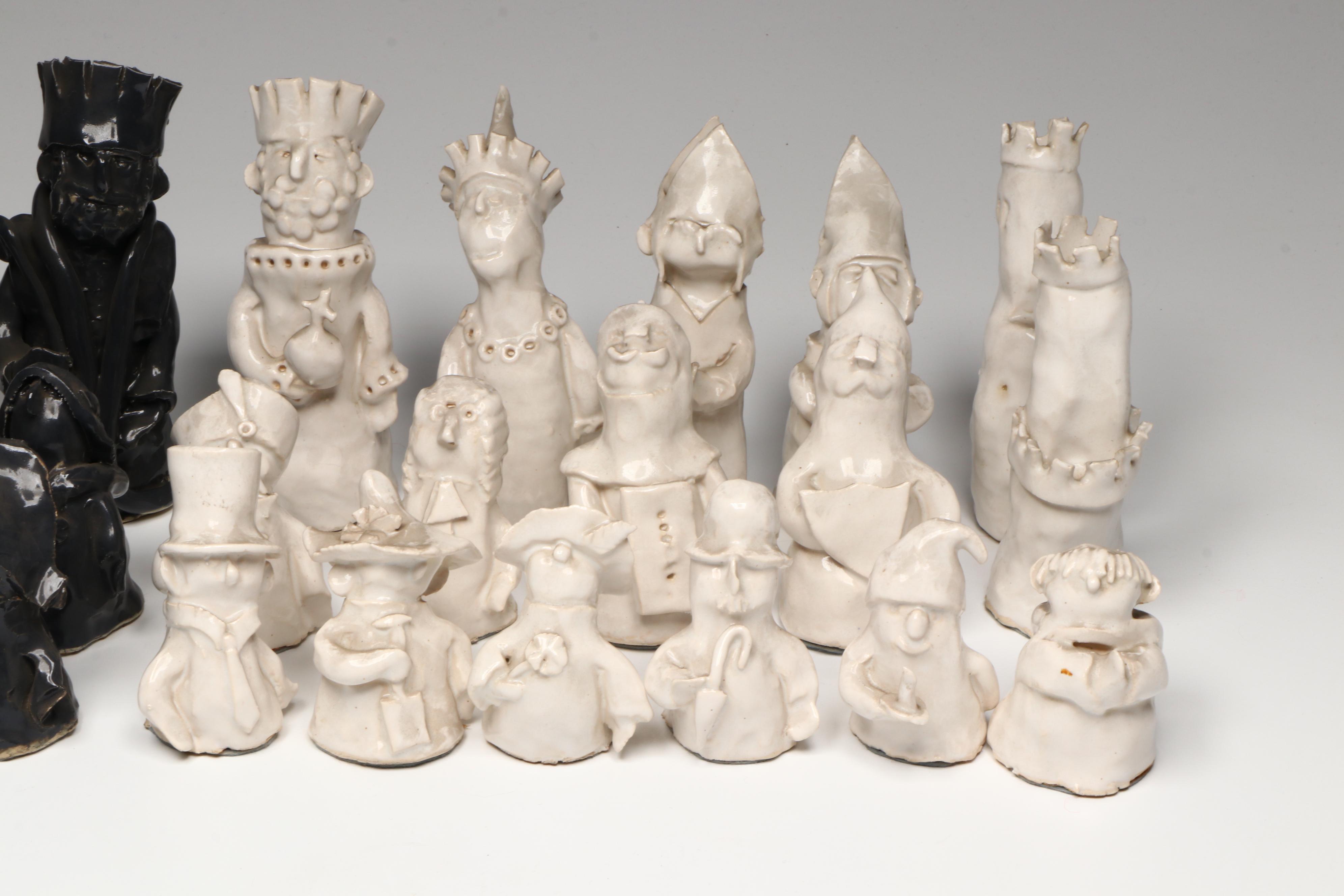 Folding Wood Chessboard with Handmade Ceramic Pieces