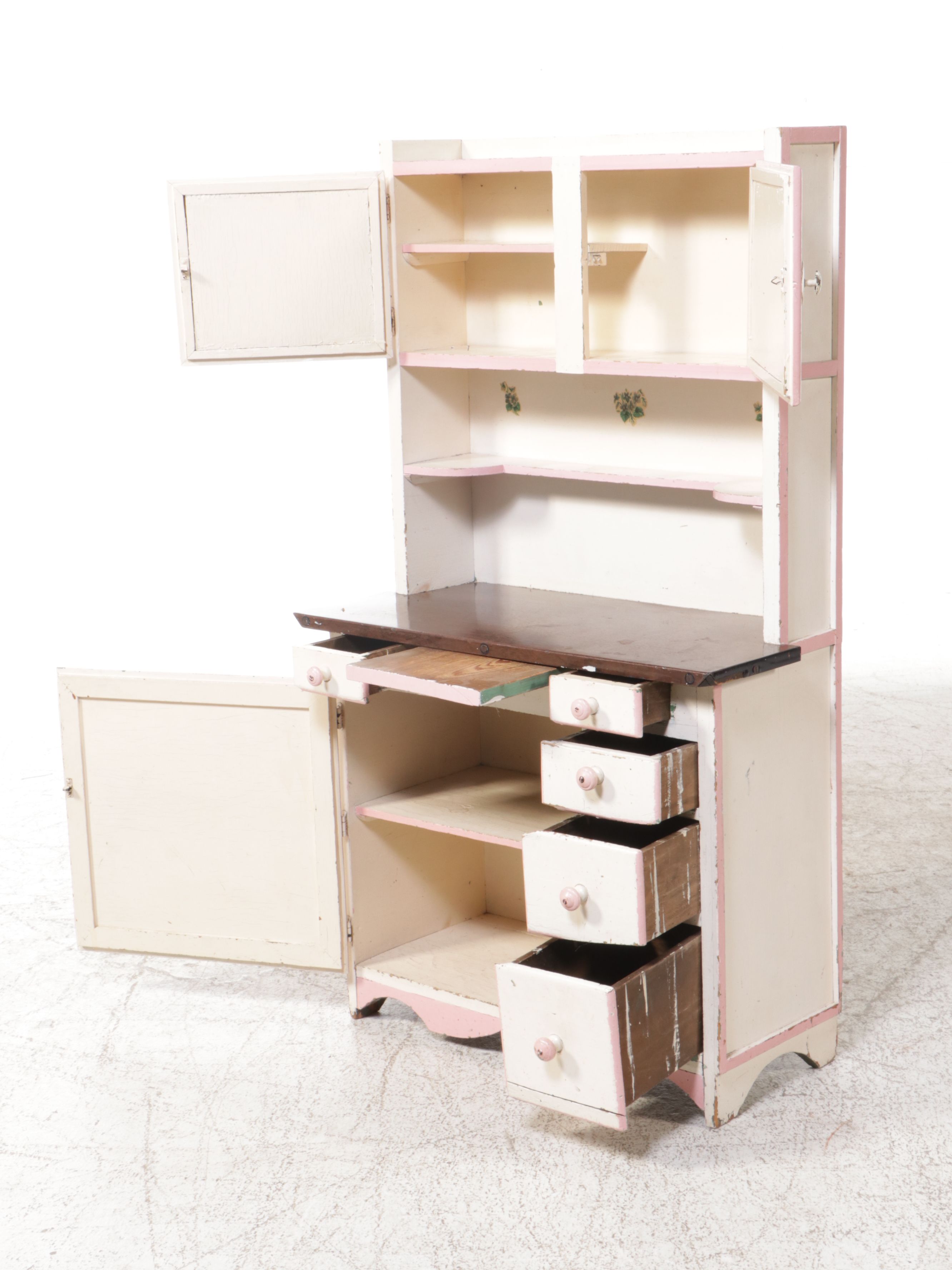 Traditional Style Painted Children's Hooser Cabinet with Floral Decals