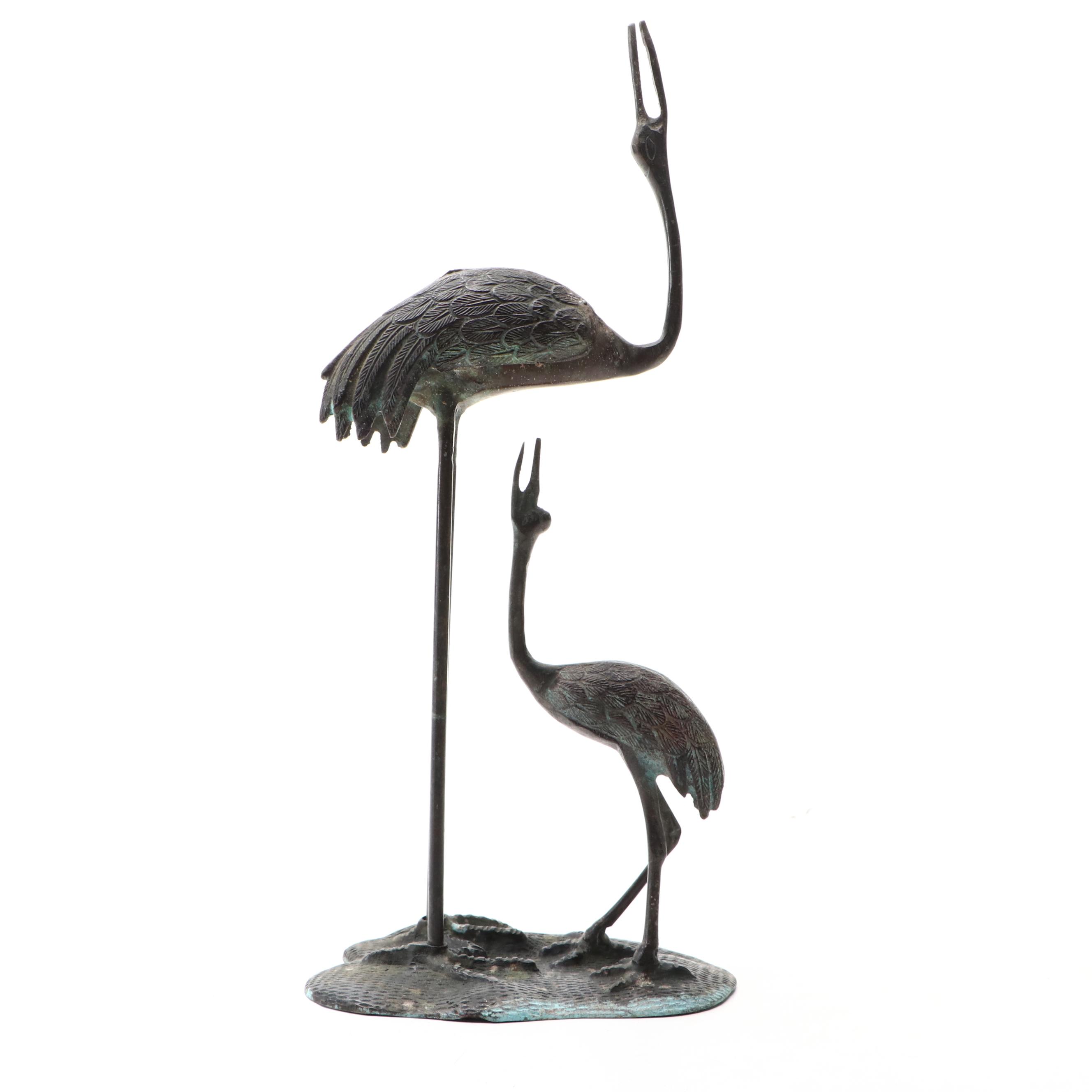 Patinated Cast Metal Crane and Chick Sculpture