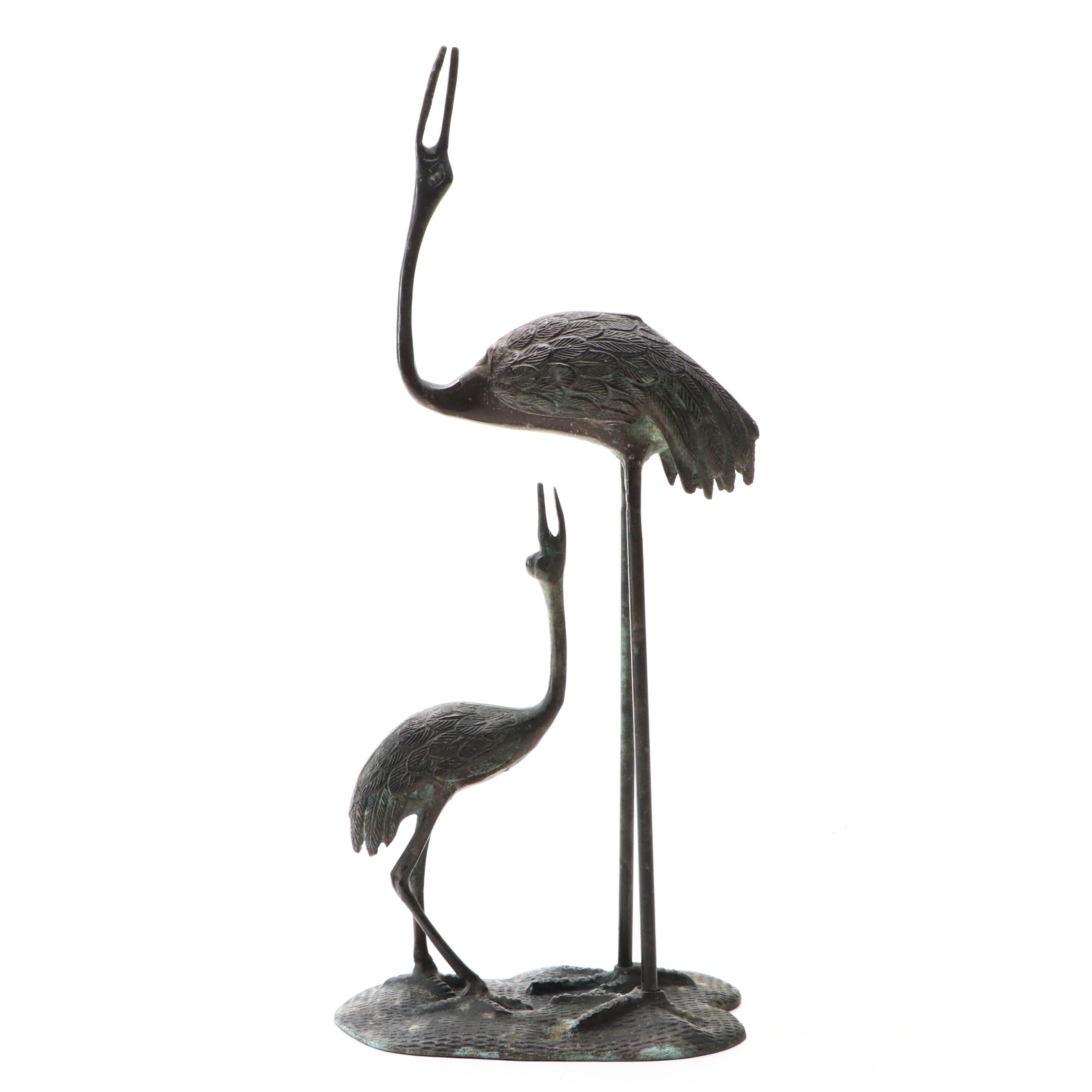 Patinated Cast Metal Crane and Chick Sculpture