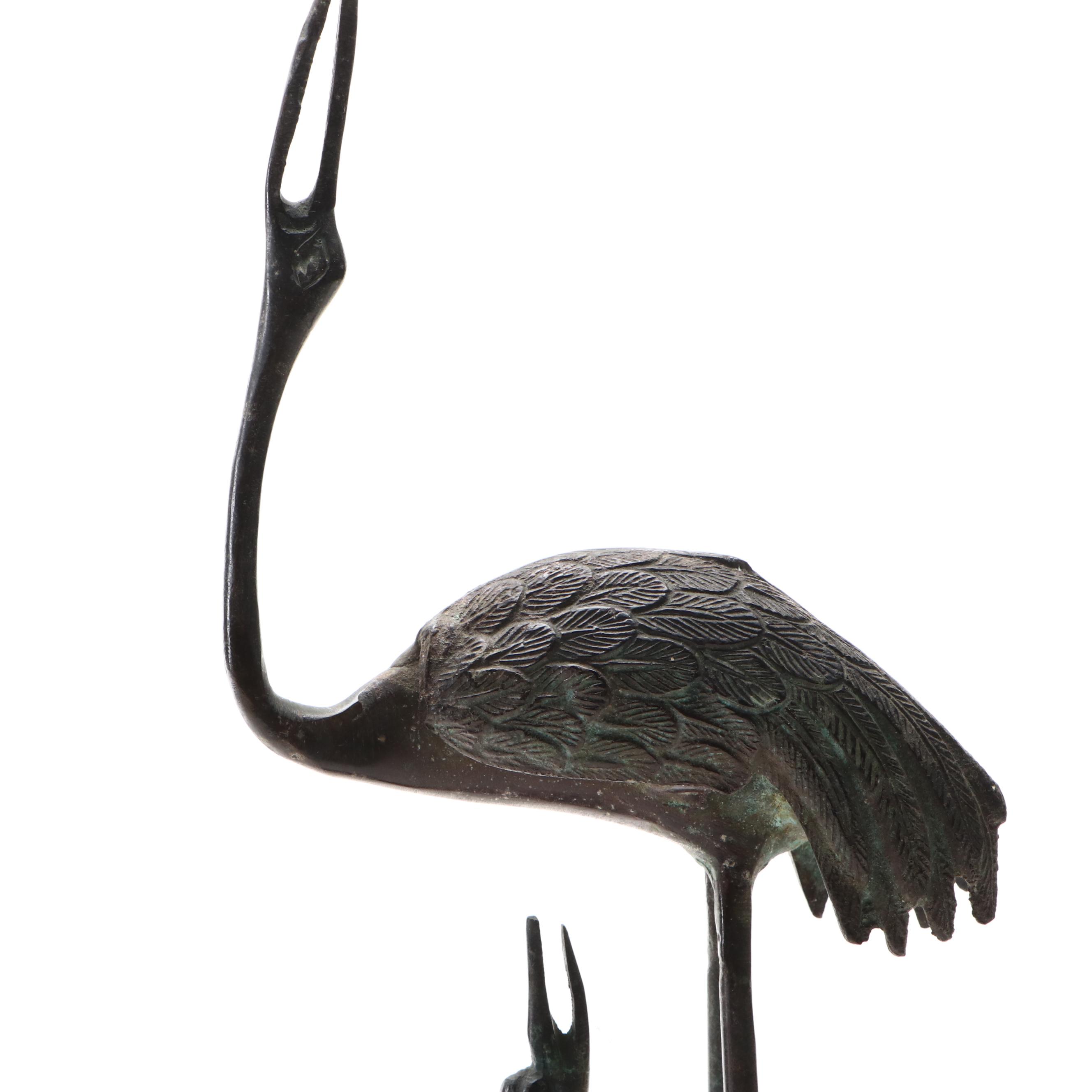 Patinated Cast Metal Crane and Chick Sculpture