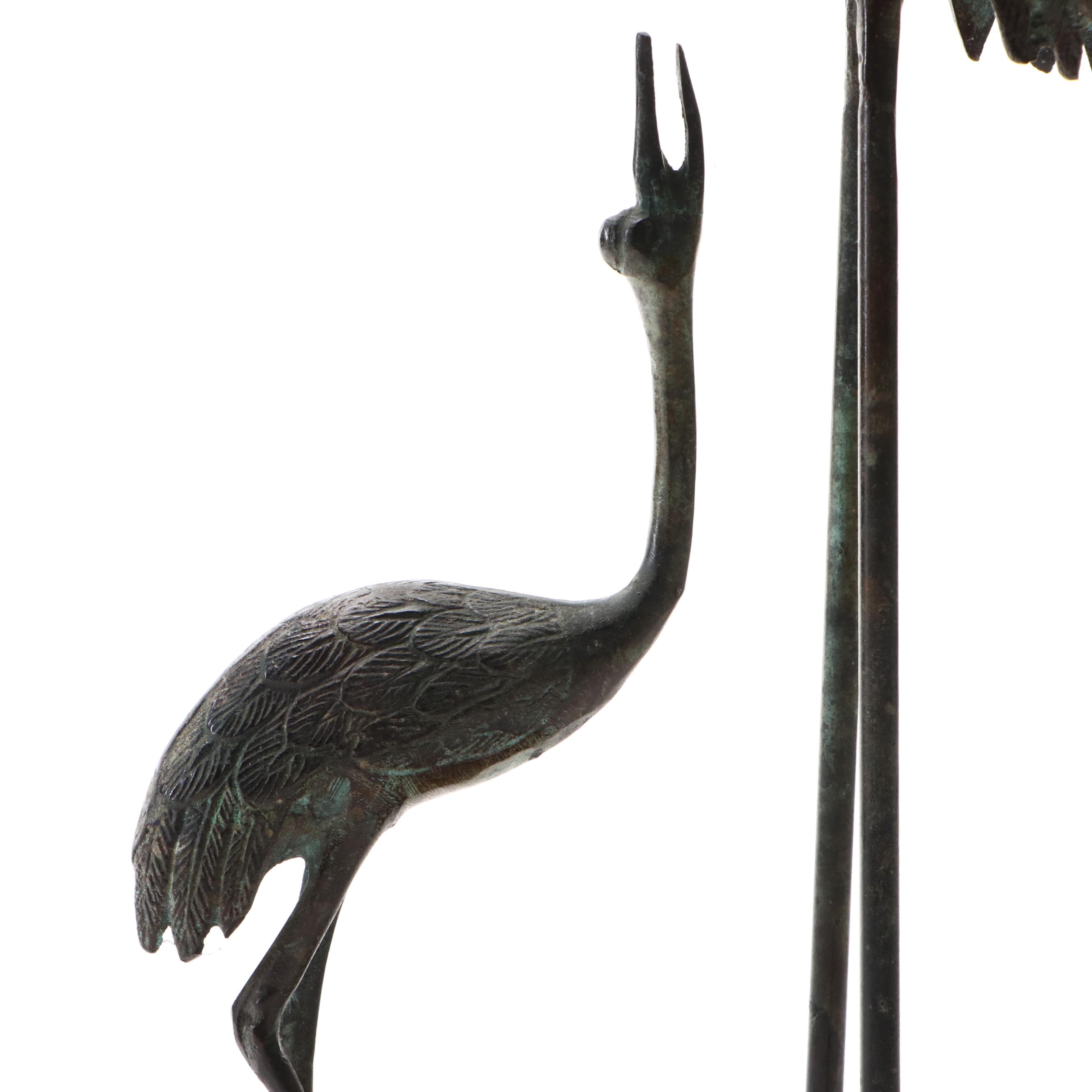 Patinated Cast Metal Crane and Chick Sculpture