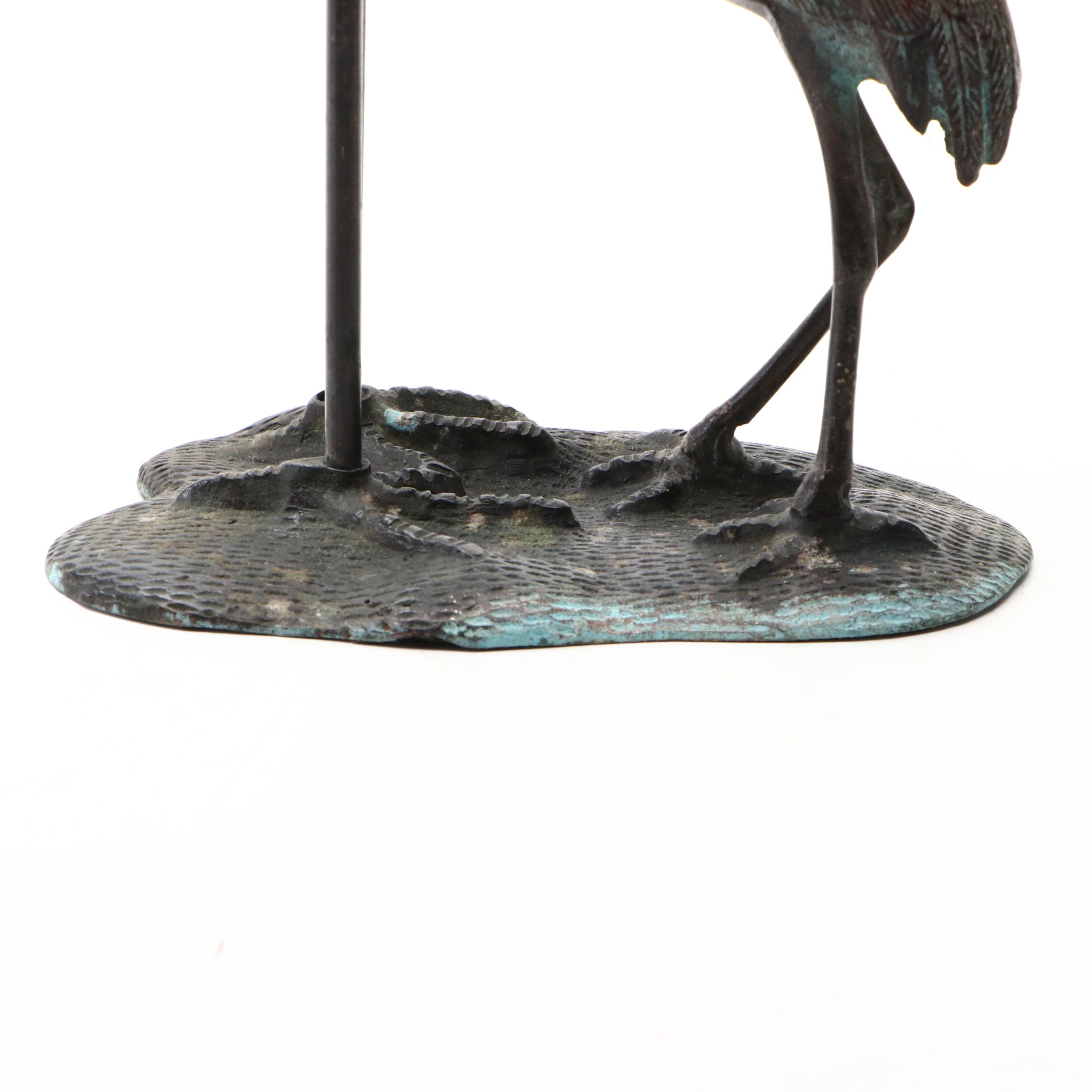 Patinated Cast Metal Crane and Chick Sculpture
