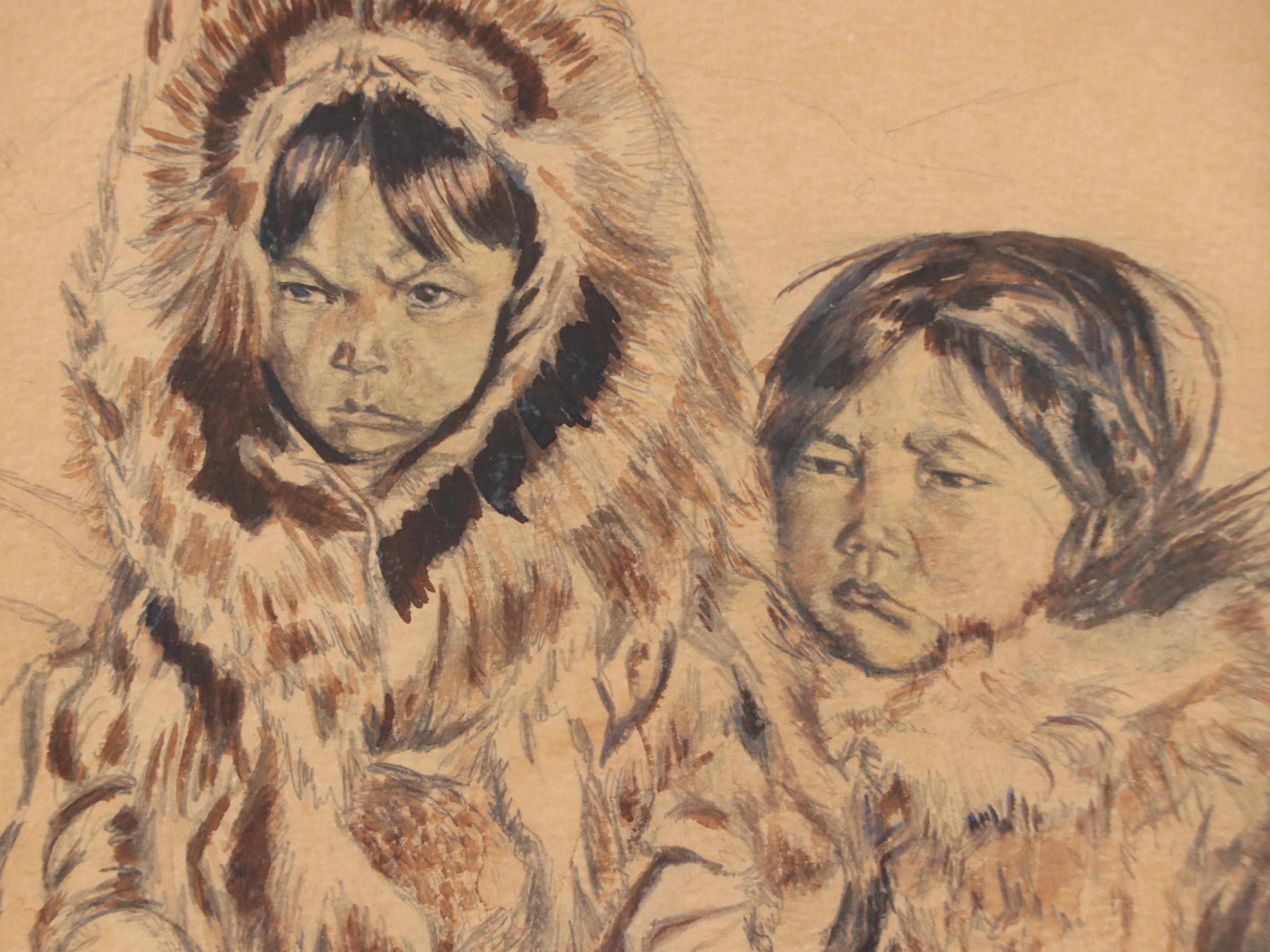 Shevaun Gouache Painting of Two Native American Children, 1944