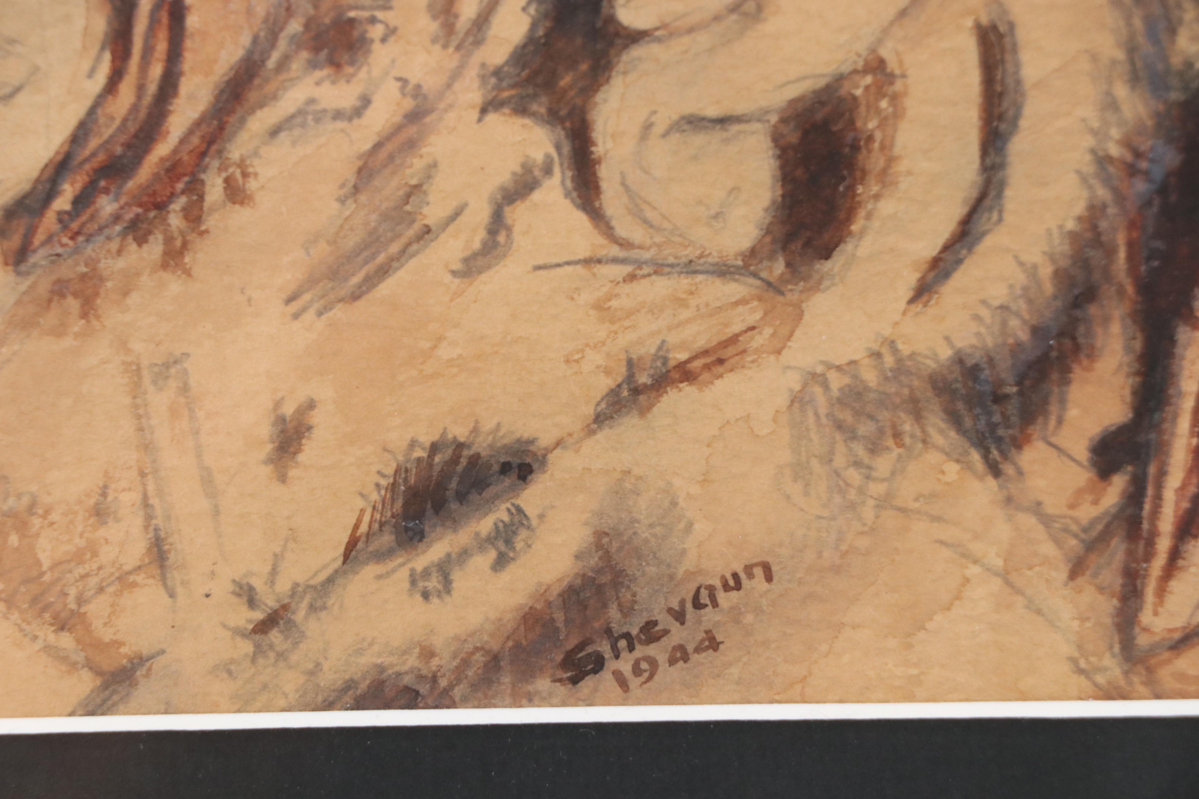 Shevaun Gouache Painting of Two Native American Children, 1944