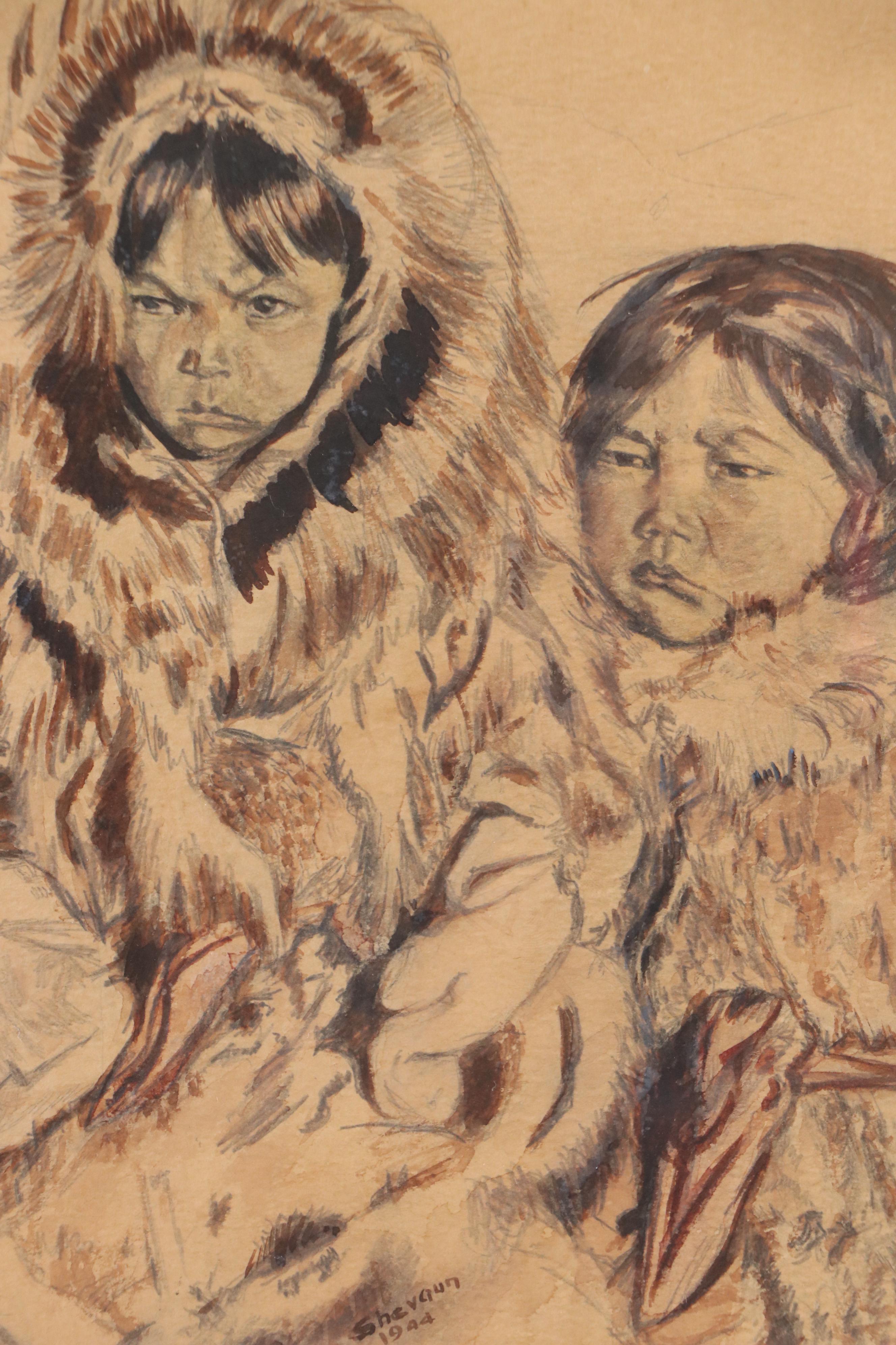 Shevaun Gouache Painting of Two Native American Children, 1944