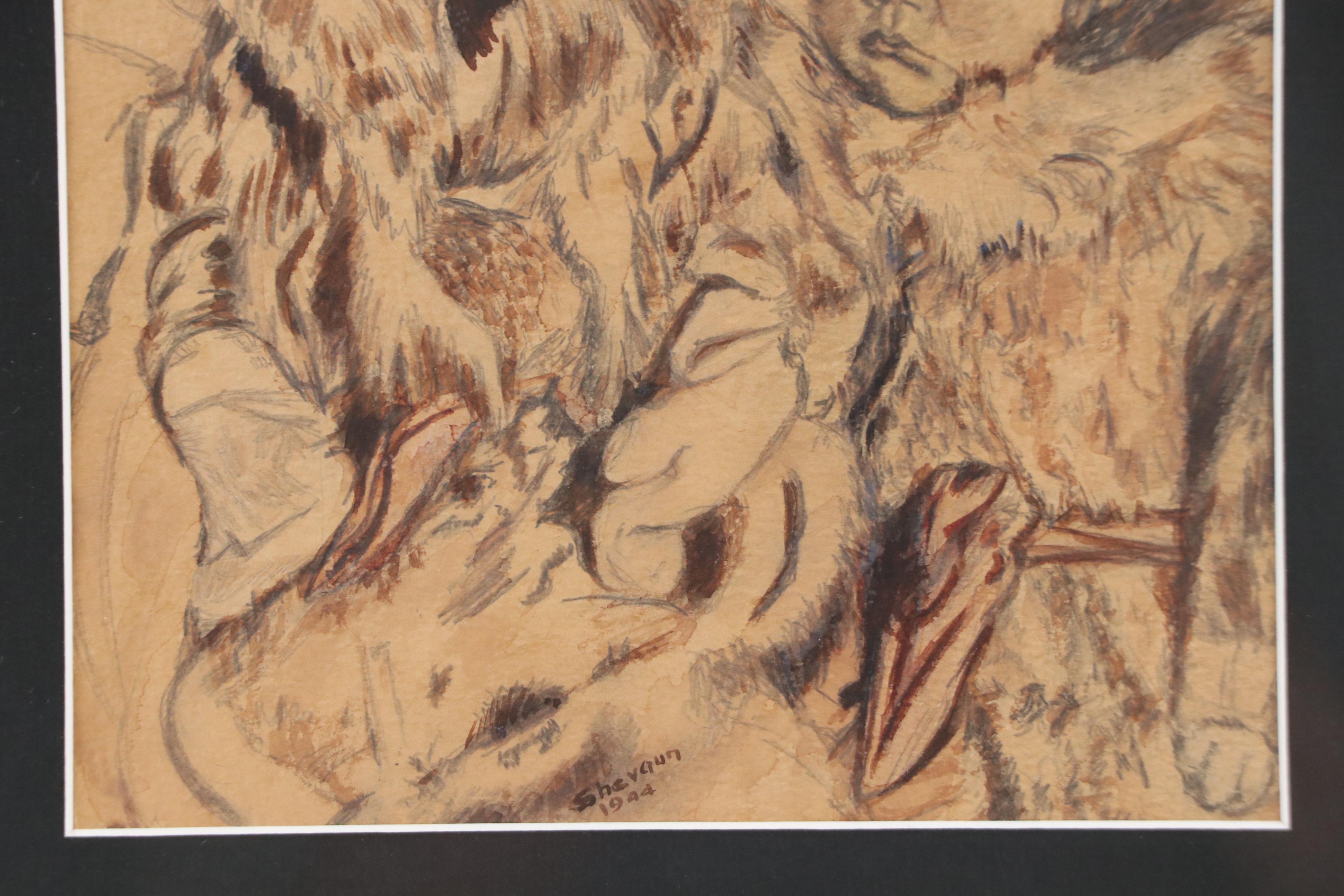 Shevaun Gouache Painting of Two Native American Children, 1944