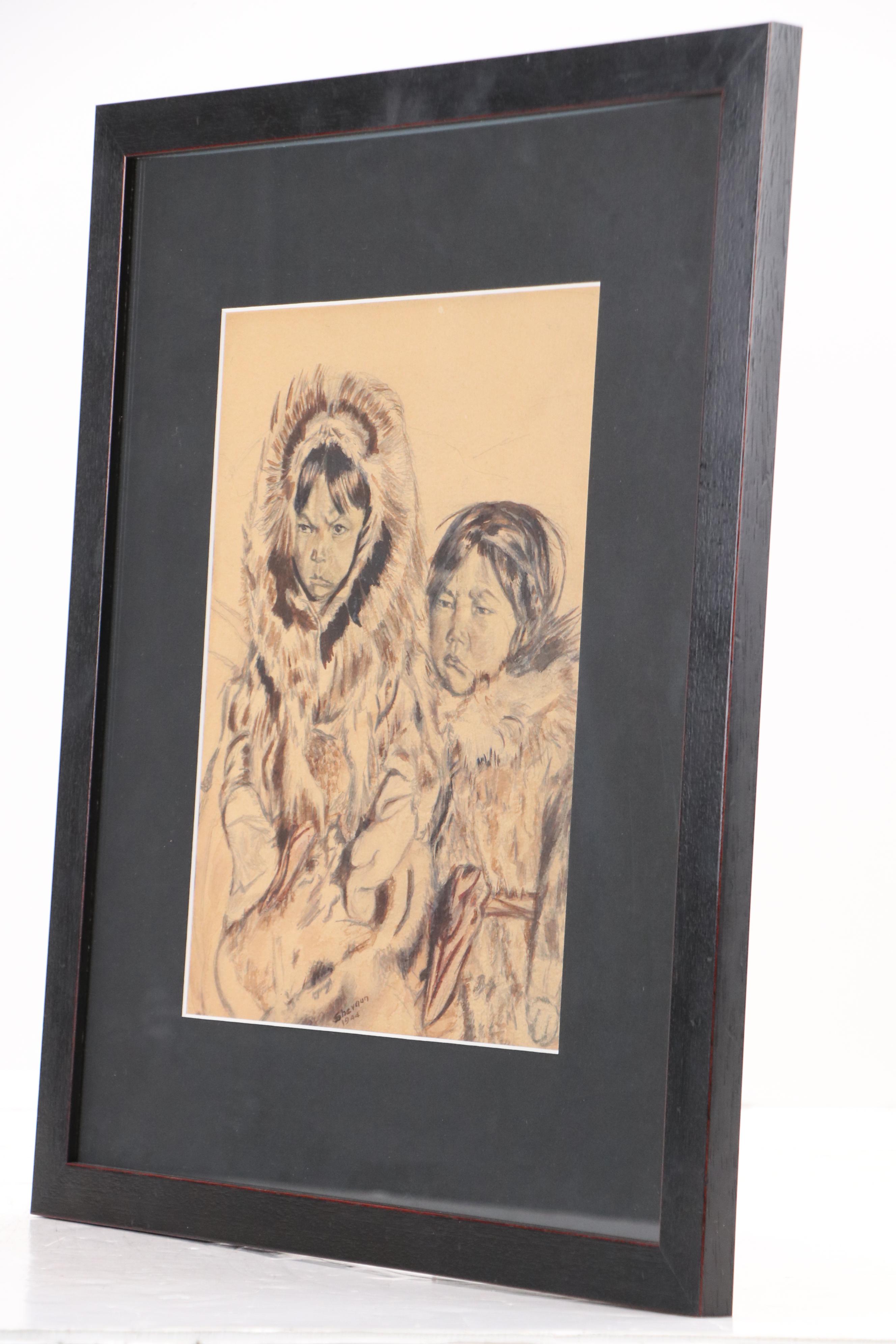 Shevaun Gouache Painting of Two Native American Children, 1944