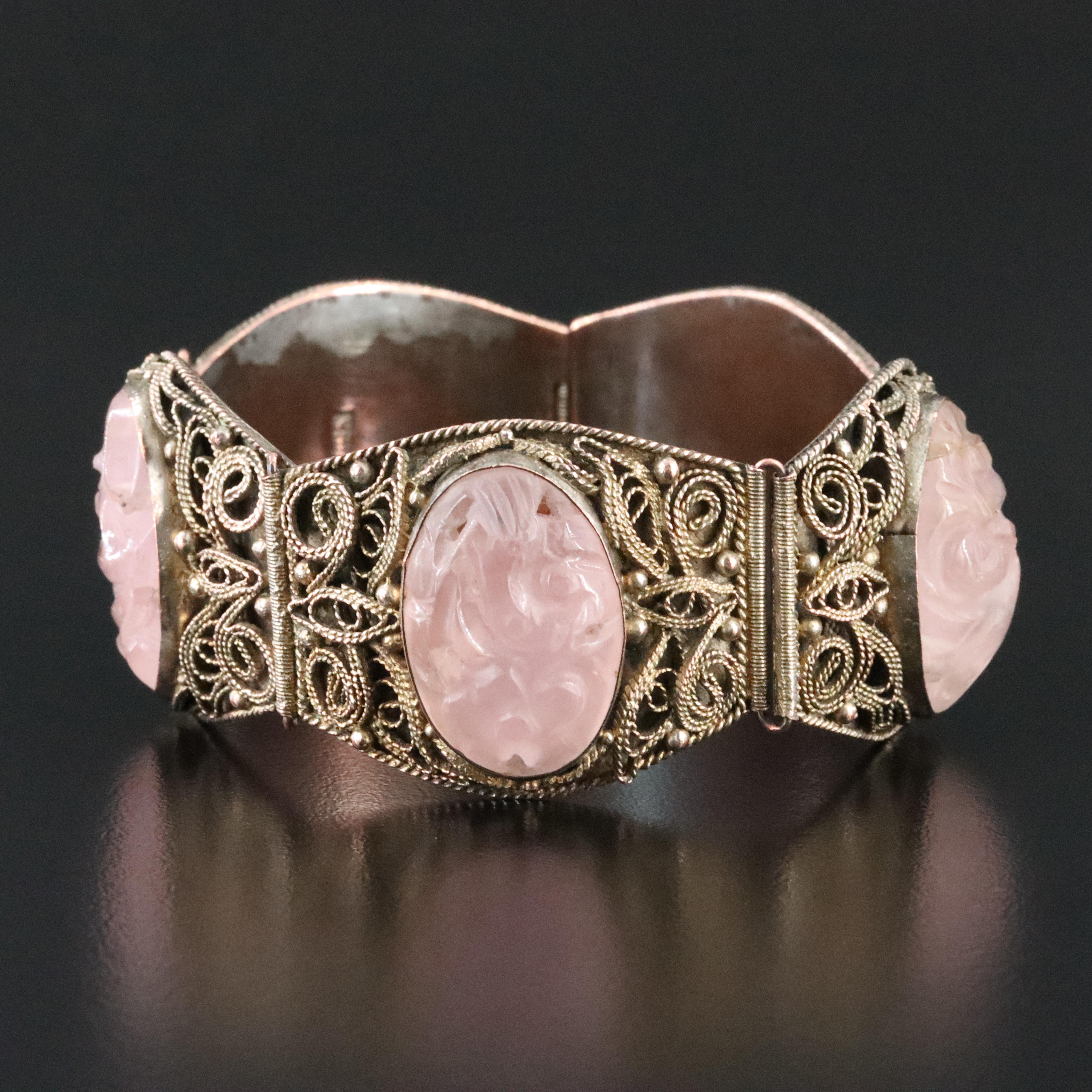 Chinese Rose Quartz Cannetille Panel Bracelet