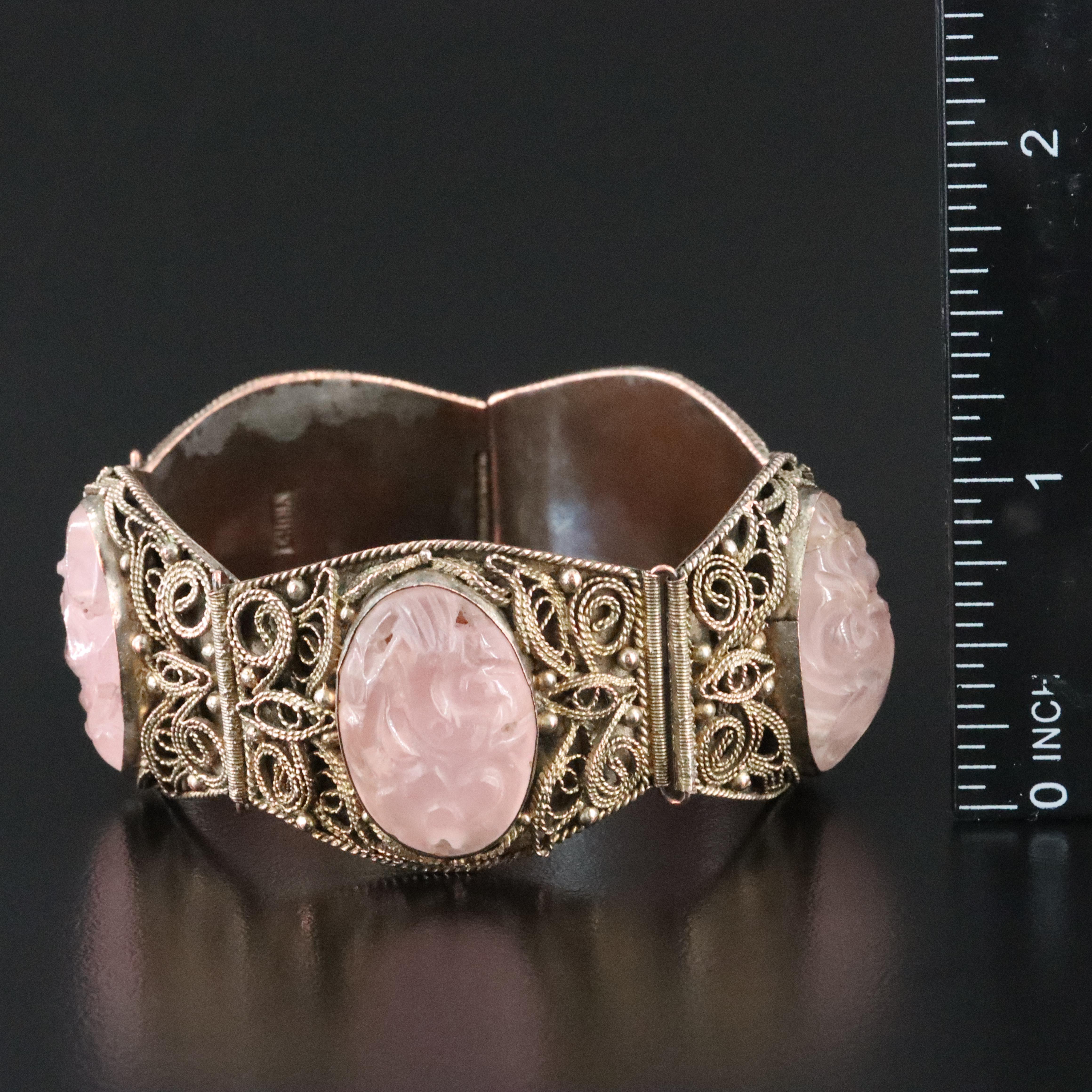 Chinese Rose Quartz Cannetille Panel Bracelet