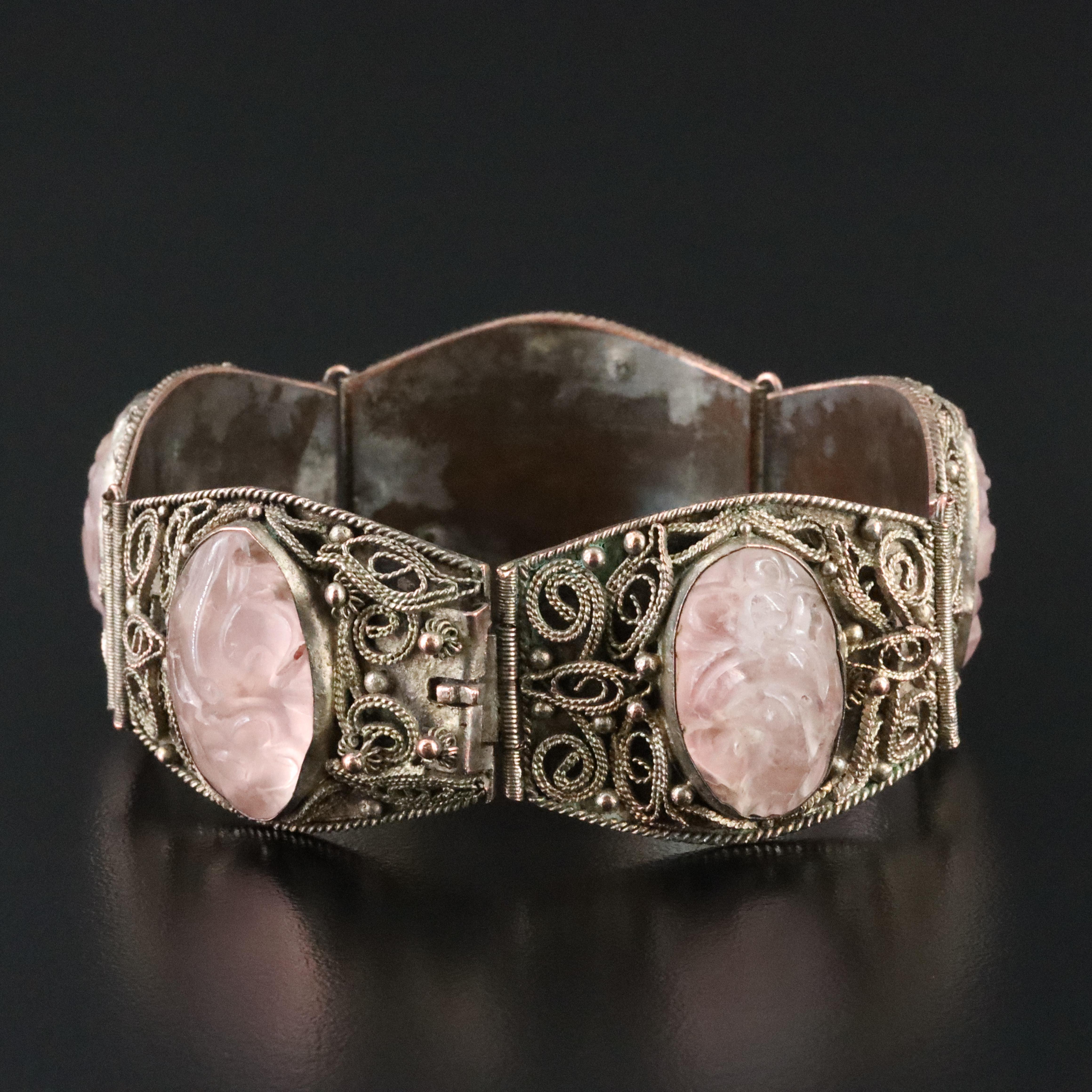 Chinese Rose Quartz Cannetille Panel Bracelet