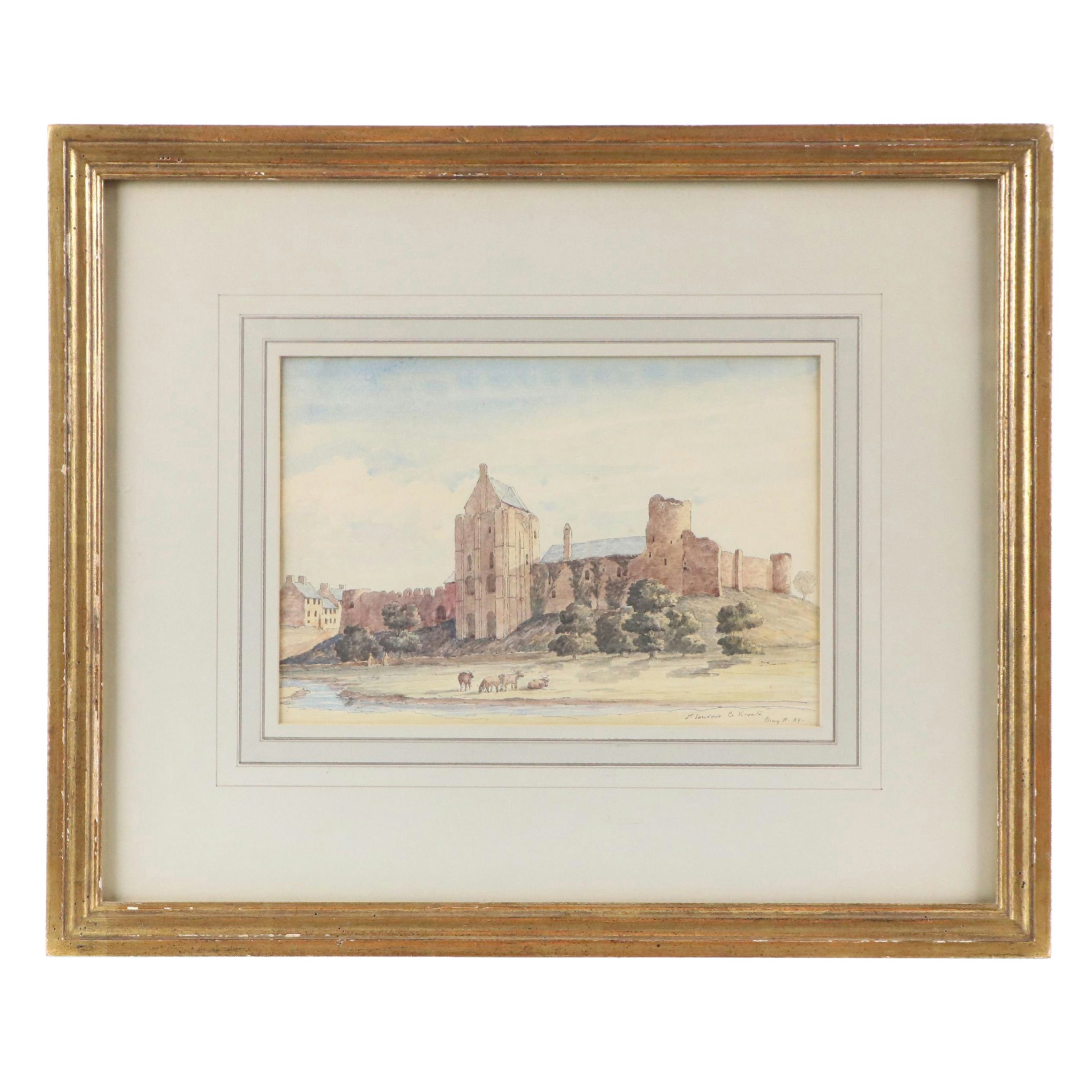 Ink and Watercolor Painting of French Commune "St. Sauveur le Vicomte," 1849