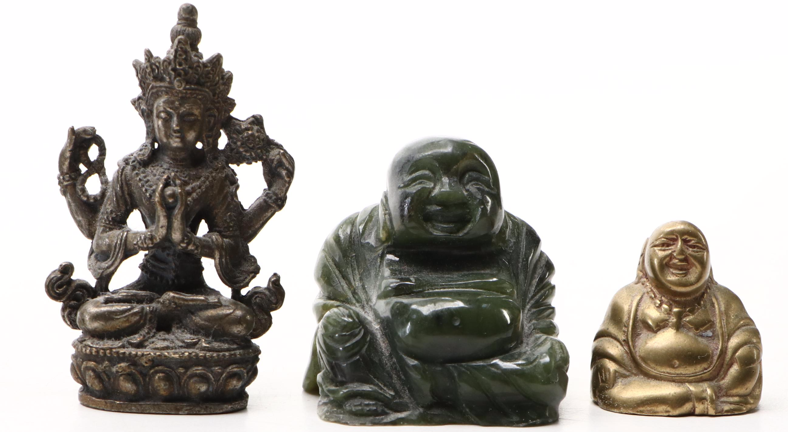 Brass Finish Budai, Tara and Chinese Miniature Incense Brazier