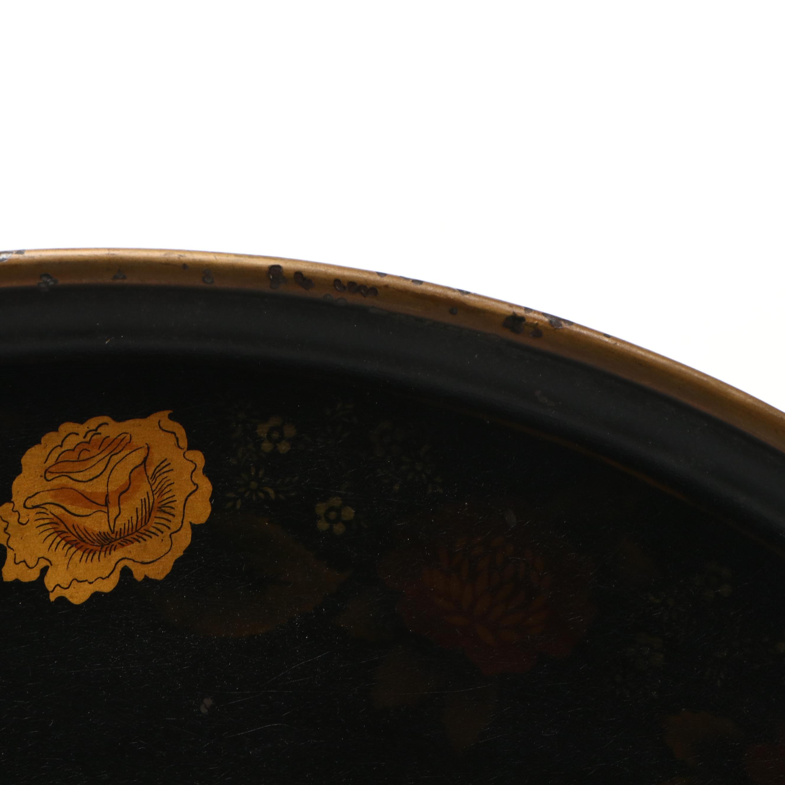 Vintage Oval Hand-Painted Toleware Serving Tray with Floral Motif