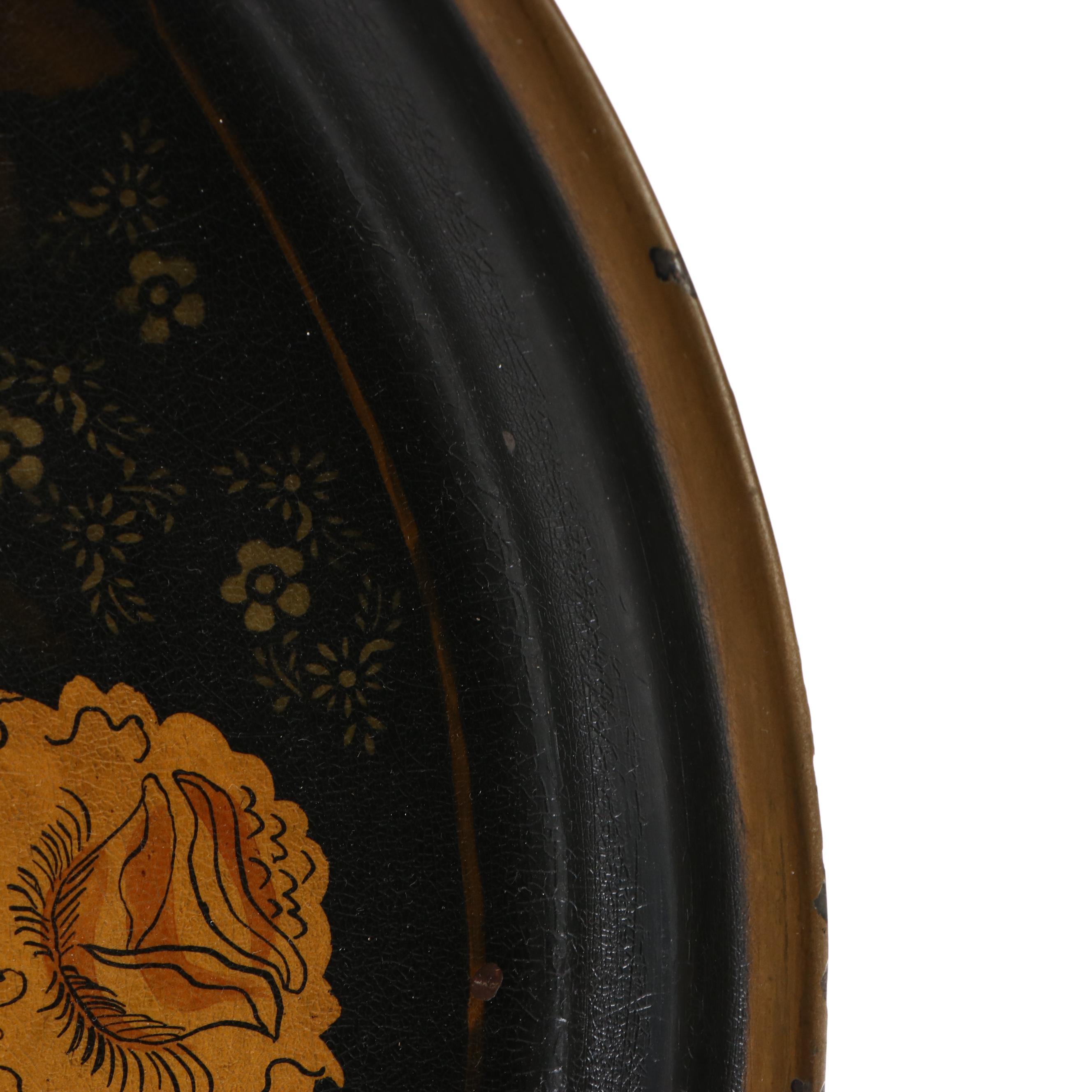 Vintage Oval Hand-Painted Toleware Serving Tray with Floral Motif