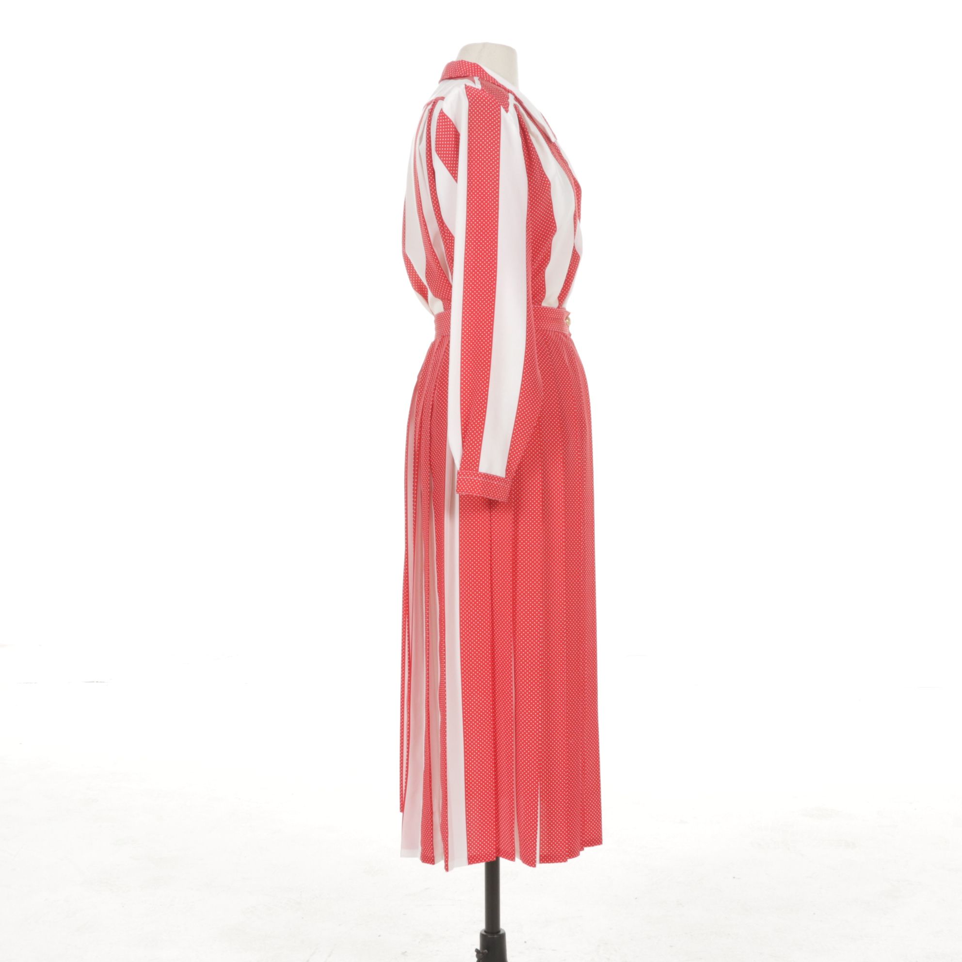 Balenciaga Red Polka-Dot Stripe Two-Piece Blouse and Pleated Skirt