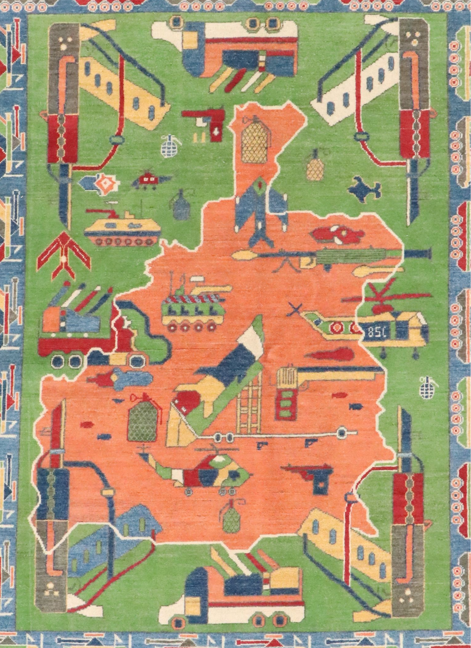 5'2 x 7'1 Hand-Knotted Afghan Pictorial War Area Rug