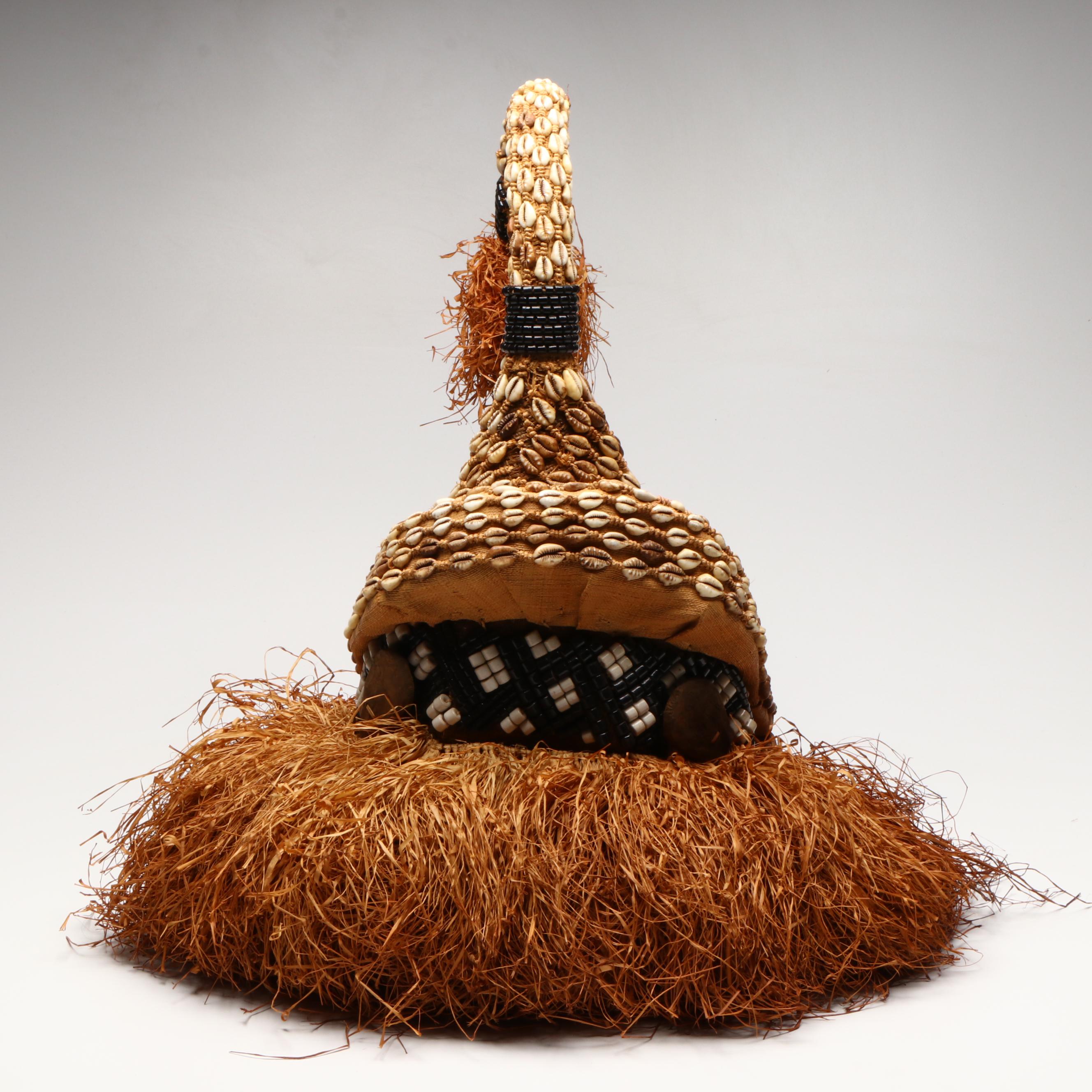 Congolese Northern Kuba Mukenga Raffia Funerary Helmet Mask