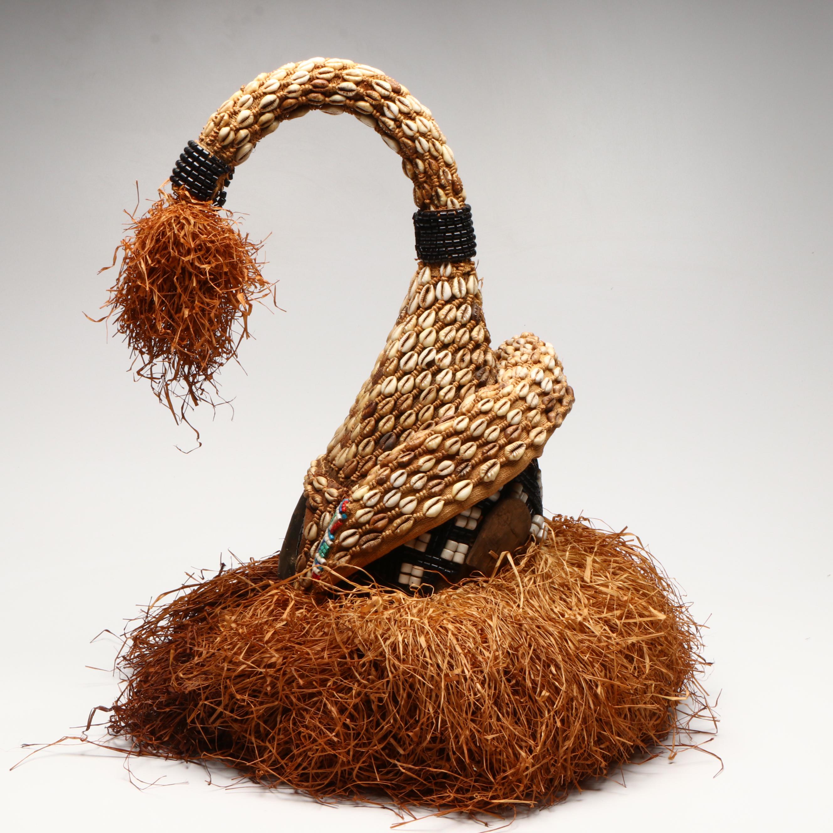 Congolese Northern Kuba Mukenga Raffia Funerary Helmet Mask
