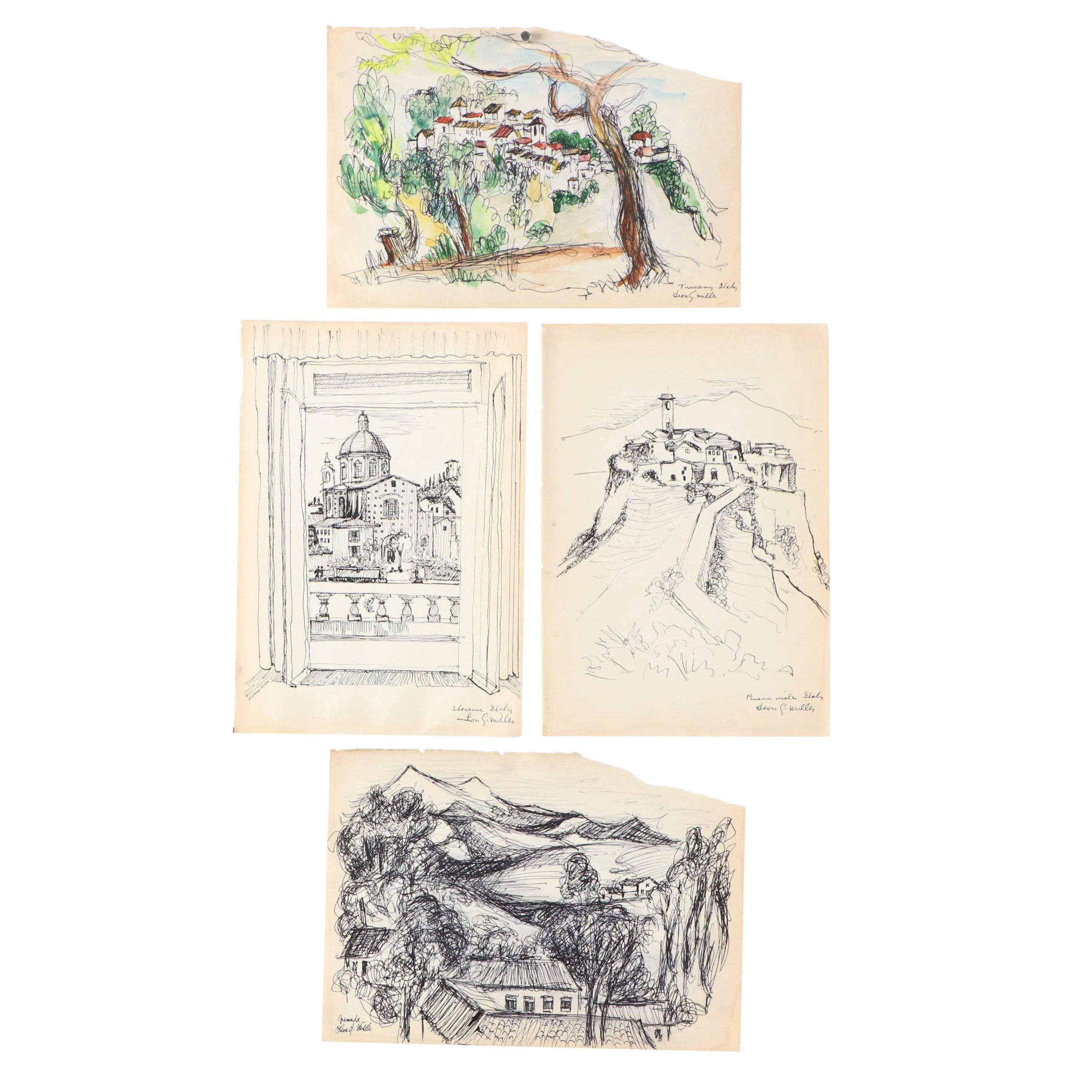 Leon G. Miller "Tuscany, Italy" and More En Plein Air Ink Sketches, 20th Century