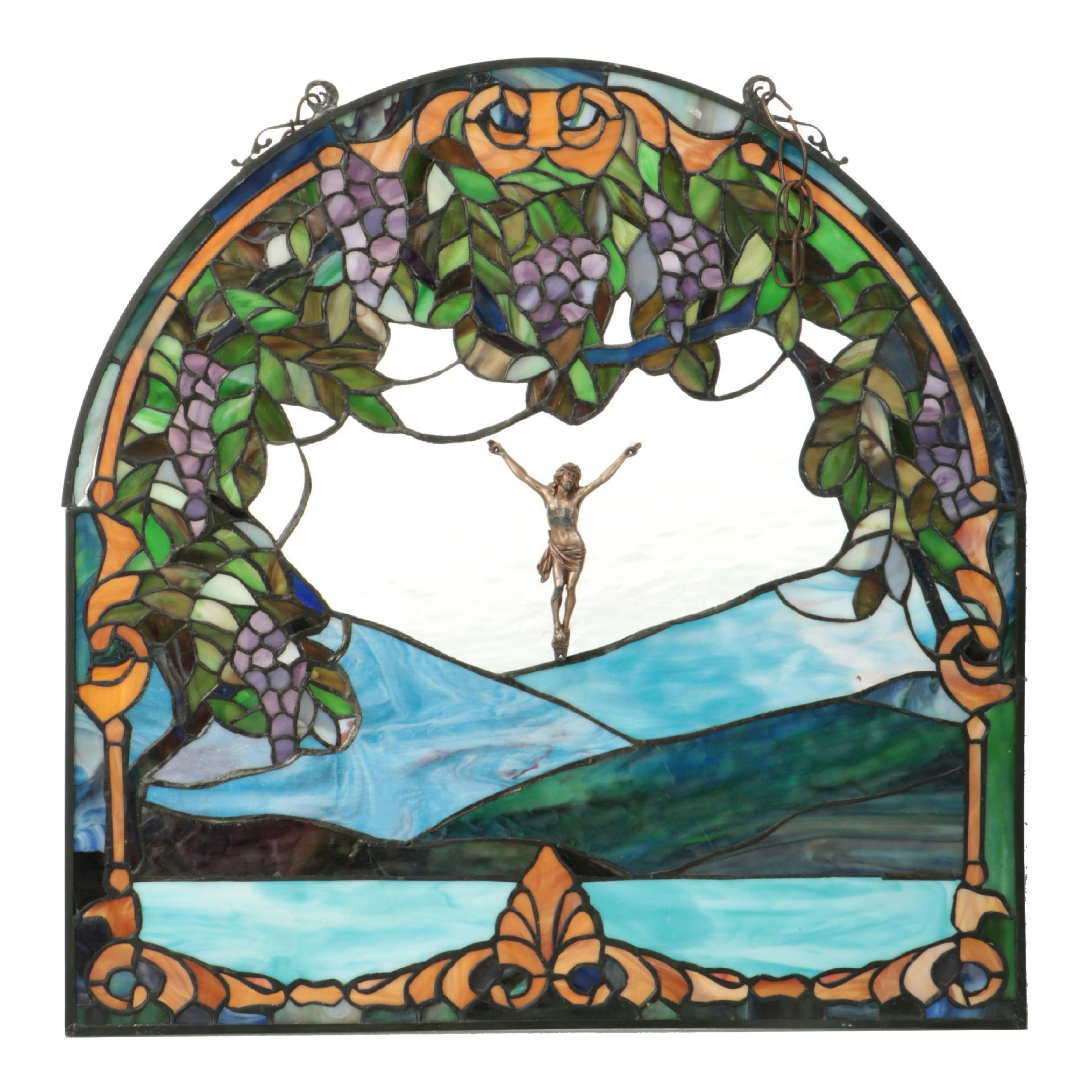Grape and Vine Stained Glass Window Panel with Applied Crucifix Christ