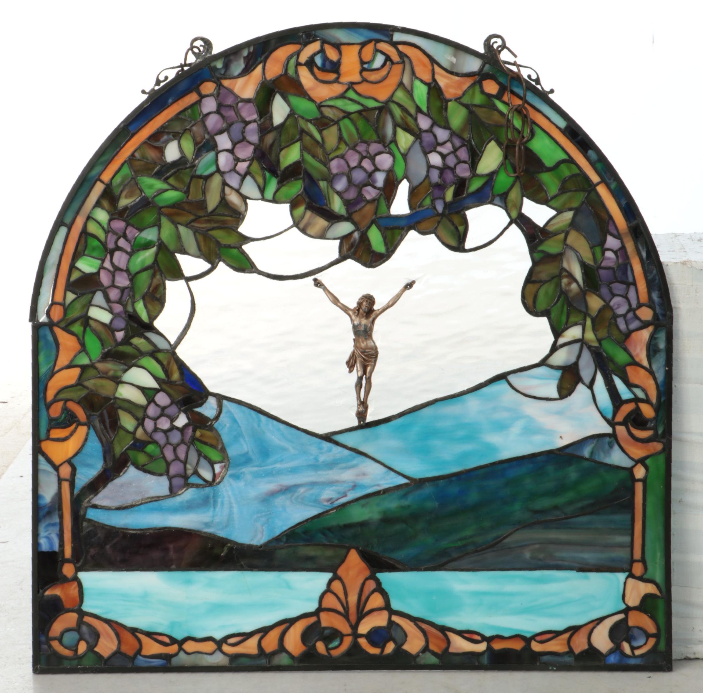 Grape and Vine Stained Glass Window Panel with Applied Crucifix Christ