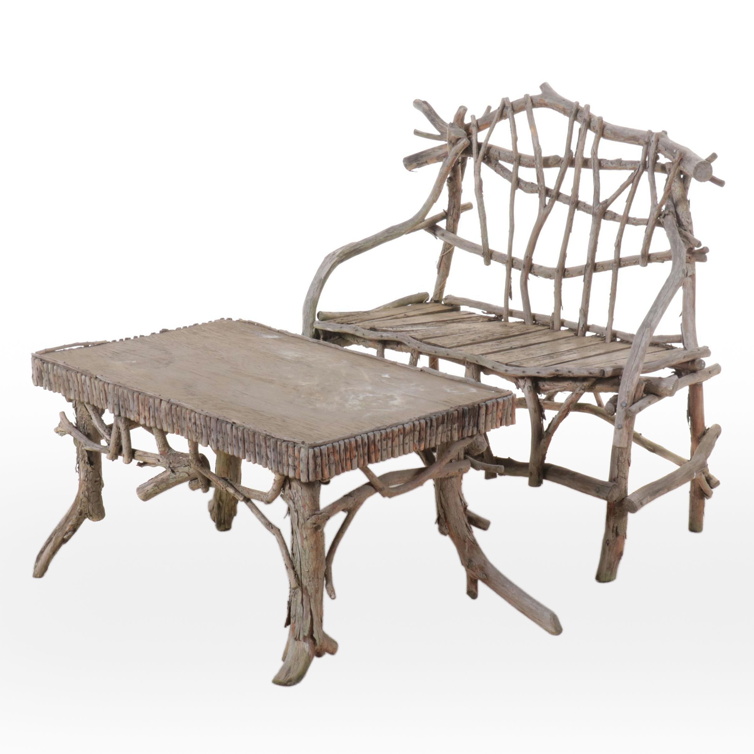 Robert Beaven Adirondack Style Handcrafted Twig and Root Bench and Coffee Table